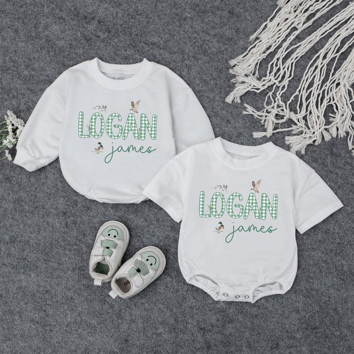 Custom Logan James Green Checkered Romper Cute Flying Duck Baby Gift 1st Birthday Outfit Toddler