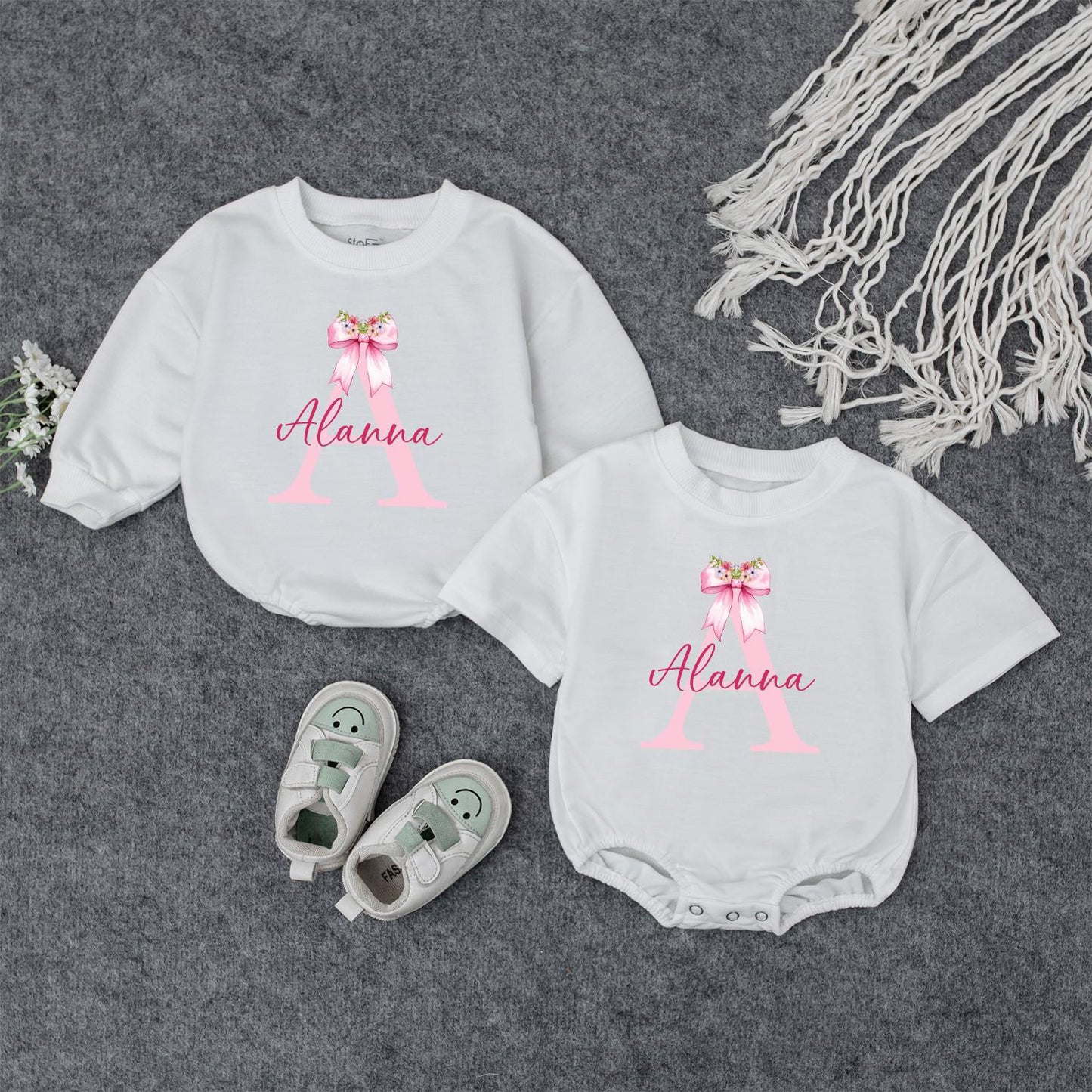Personalized Baby Girl Pink Initial A Alanna Name Outfit Romper Bodysuit Cute Bow Flowers Newborn Gift Baby Shower Long Short Sleeve