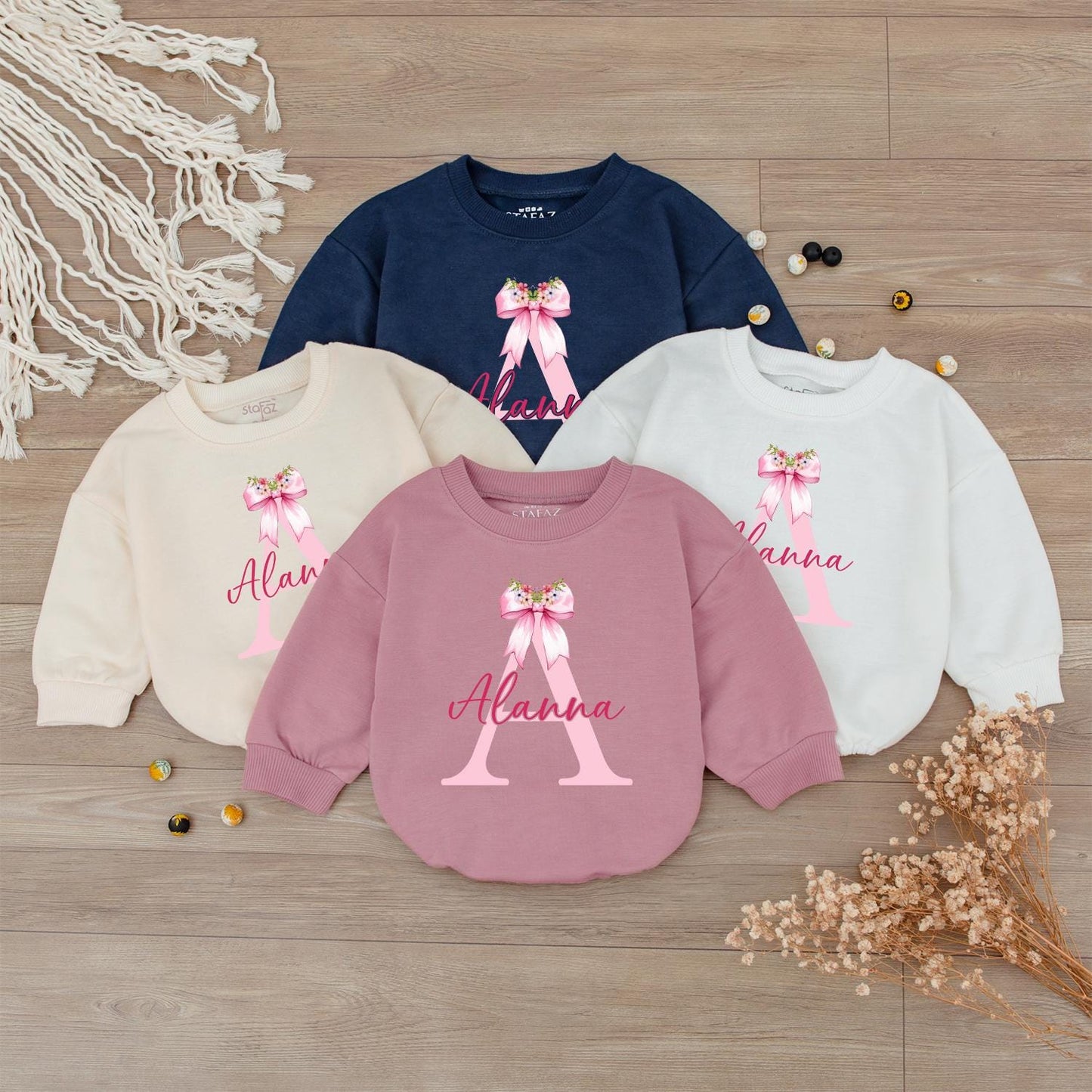 Personalized Baby Girl Pink Initial A Alanna Name Outfit Romper Bodysuit Cute Bow Flowers Newborn Gift Baby Shower Long Short Sleeve
