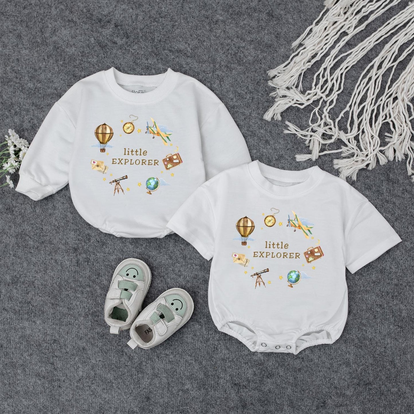 Little Explorer Baby Romper Watercolor Adventure Awaits Outfit Cute Travel Clothes Gender Neutral Gift Idea Gold Stars