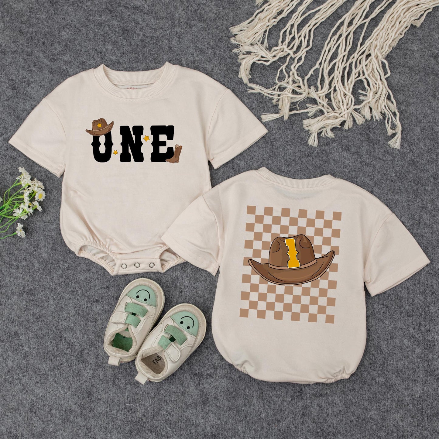 My First Rodeo Cowboy Romper Outfit for Baby Boy Cute Western Birthday Celebration Brown Hat Boot Stars Yellow 1