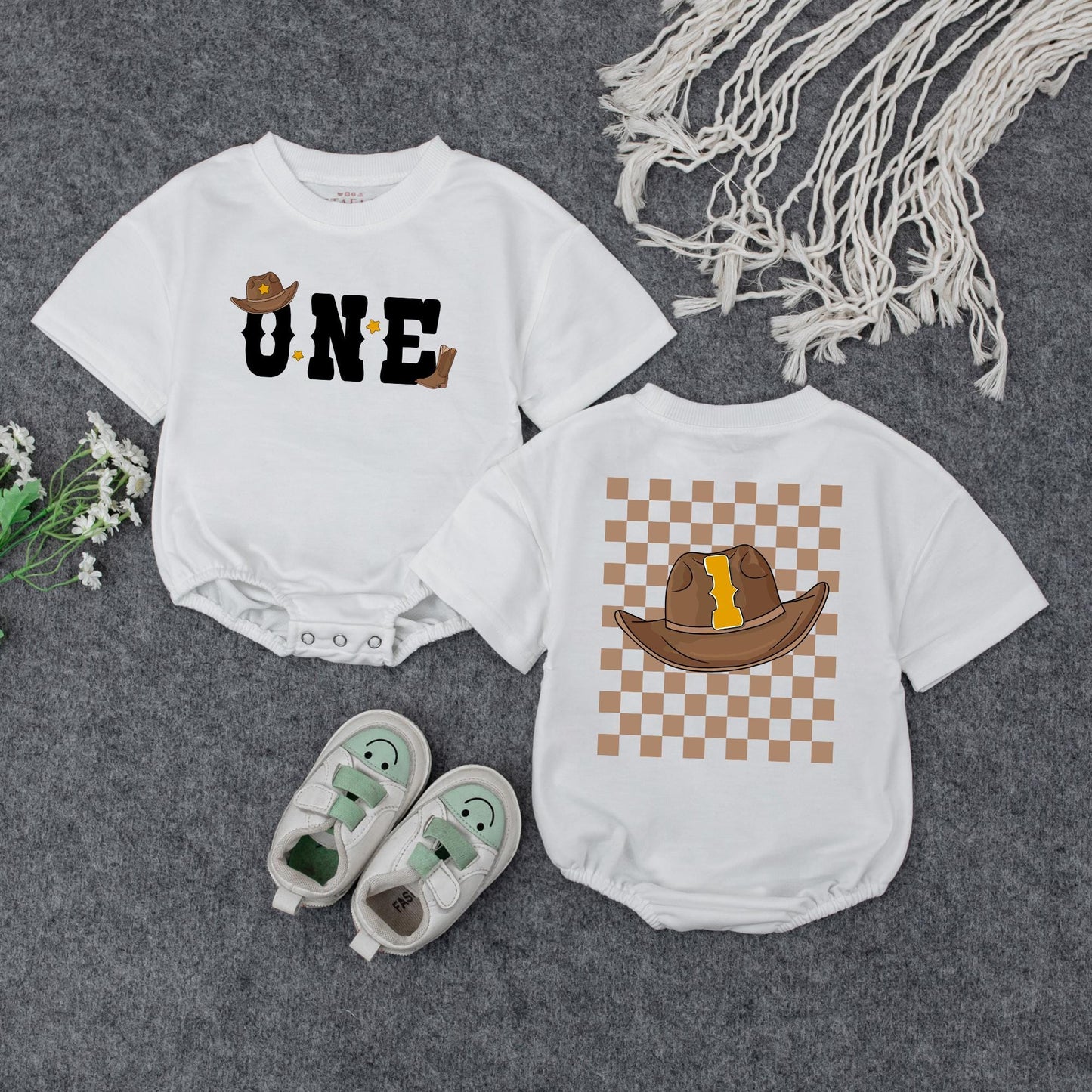 My First Rodeo Cowboy Romper Outfit for Baby Boy Cute Western Birthday Celebration Brown Hat Boot Stars Yellow 1
