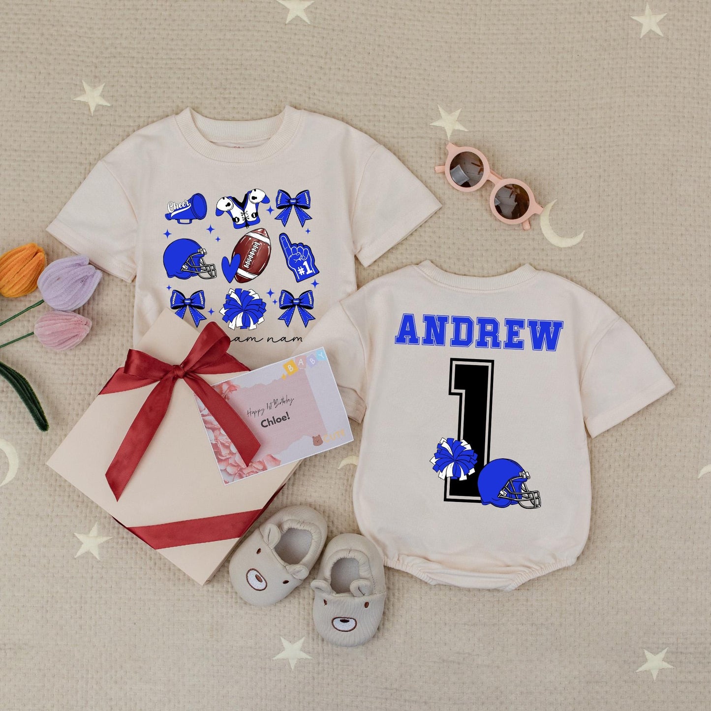 Custom Team Cheer Romper: "Andrew #1" Football Bow Babysuit, Blue Helmets & Megaphones, Personalized School Spirit Outfit, Cute Girls Game Day Clothes