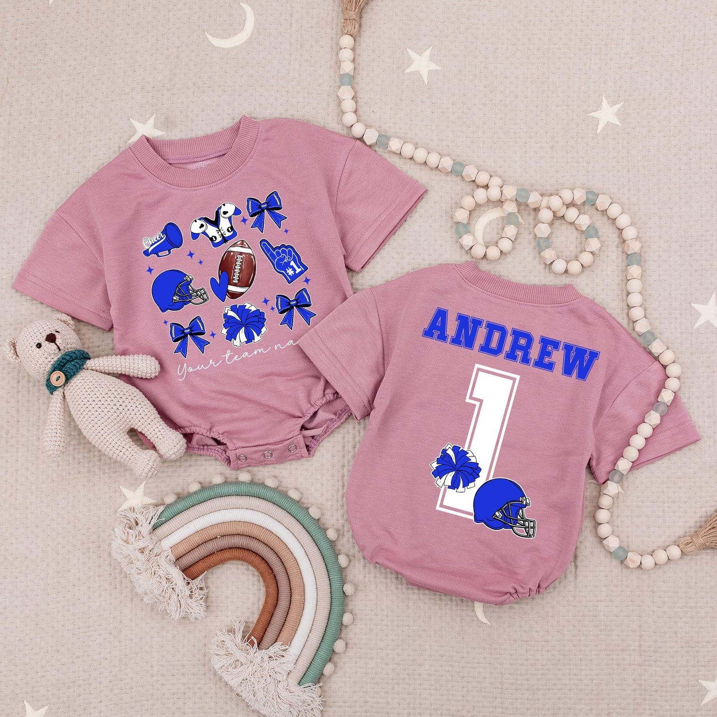 Custom Team Cheer Romper: "Andrew #1" Football Bow Babysuit, Blue Helmets & Megaphones, Personalized School Spirit Outfit, Cute Girls Game Day Clothes