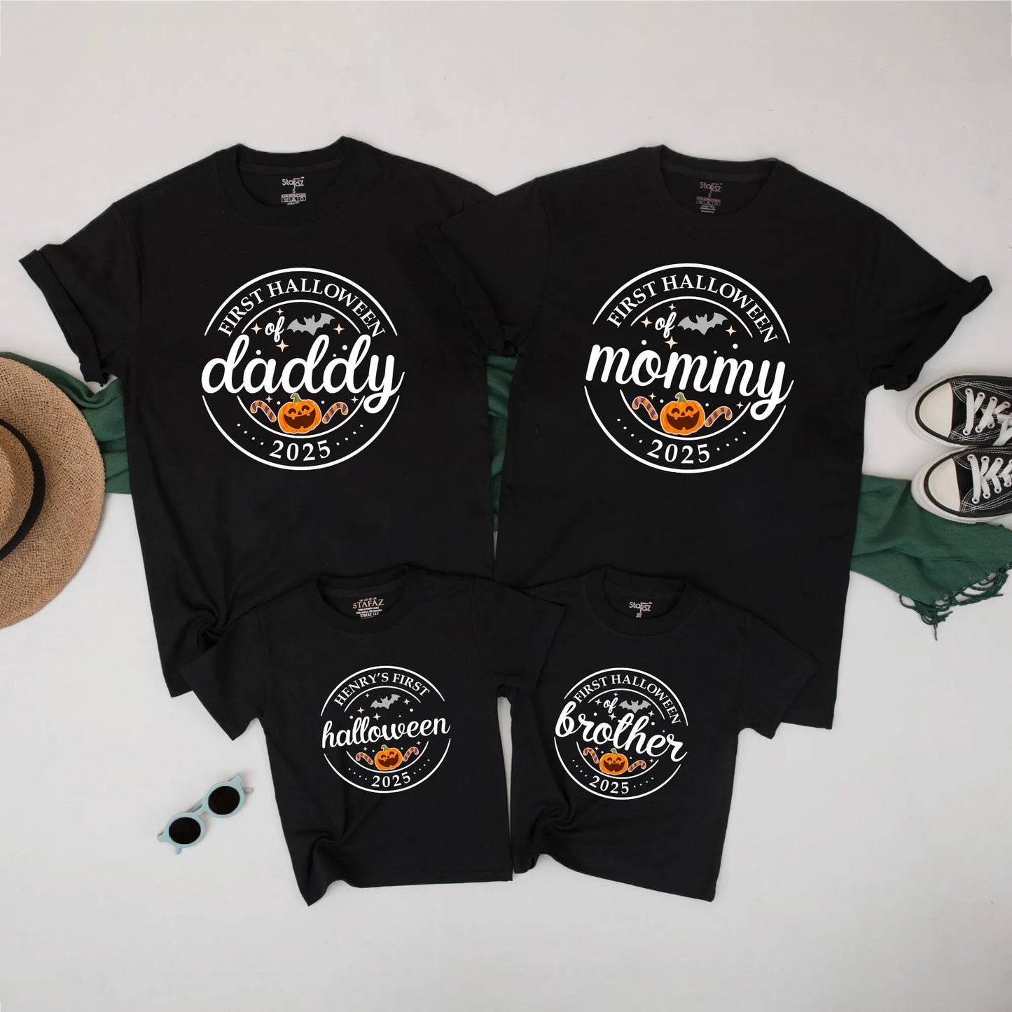 First Halloween of 2025 Matching Family Shirts Daddy Mommy Brother Pumpkin Family Party Orange Black