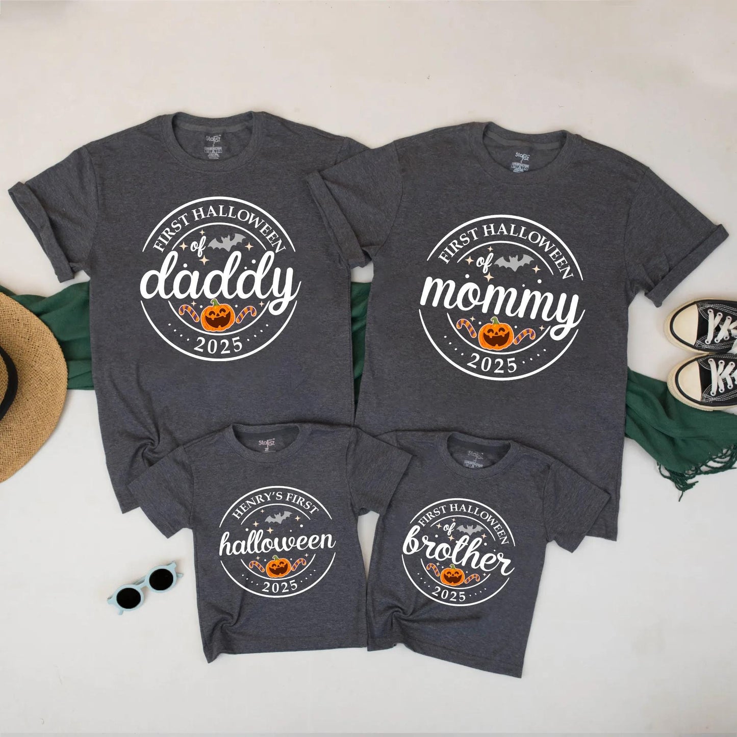 First Halloween of 2025 Matching Family Shirts Daddy Mommy Brother Pumpkin Family Party Orange Black