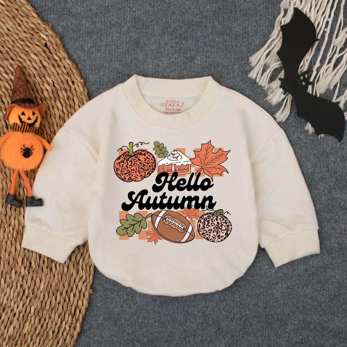 Hello Autumn Football Romper, Leopard Pumpkin Game Day Outfit, Baby Girl or Boy Bodysuit, Infant Fall Sports Clothes, Cozy Toddler Tee