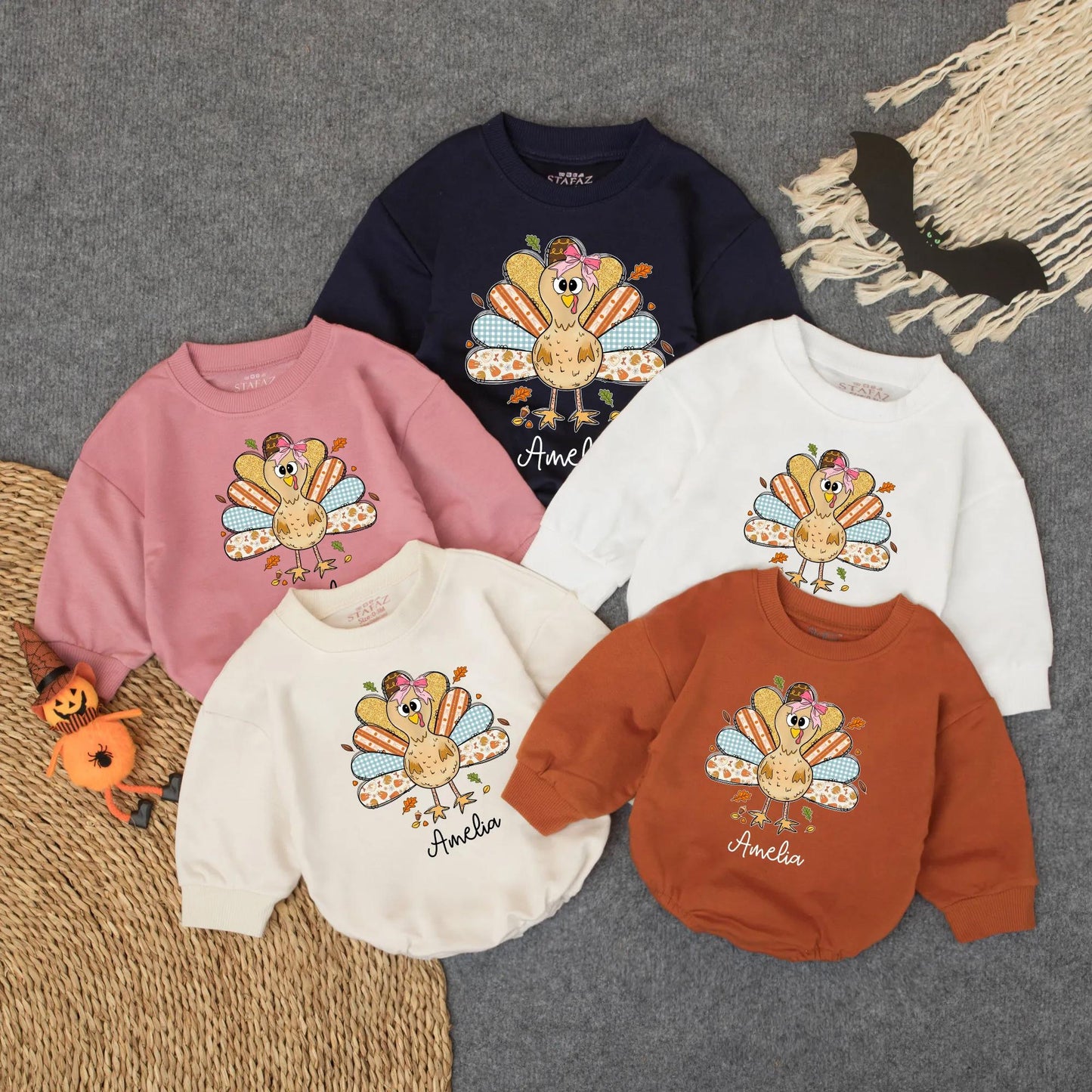Whimsical Cartoon Turkey Baby Bubble Romper Custom First Thanksgiving Outfit Infant Fall Bodysuit Baby Girl Boy Autumn Clothes