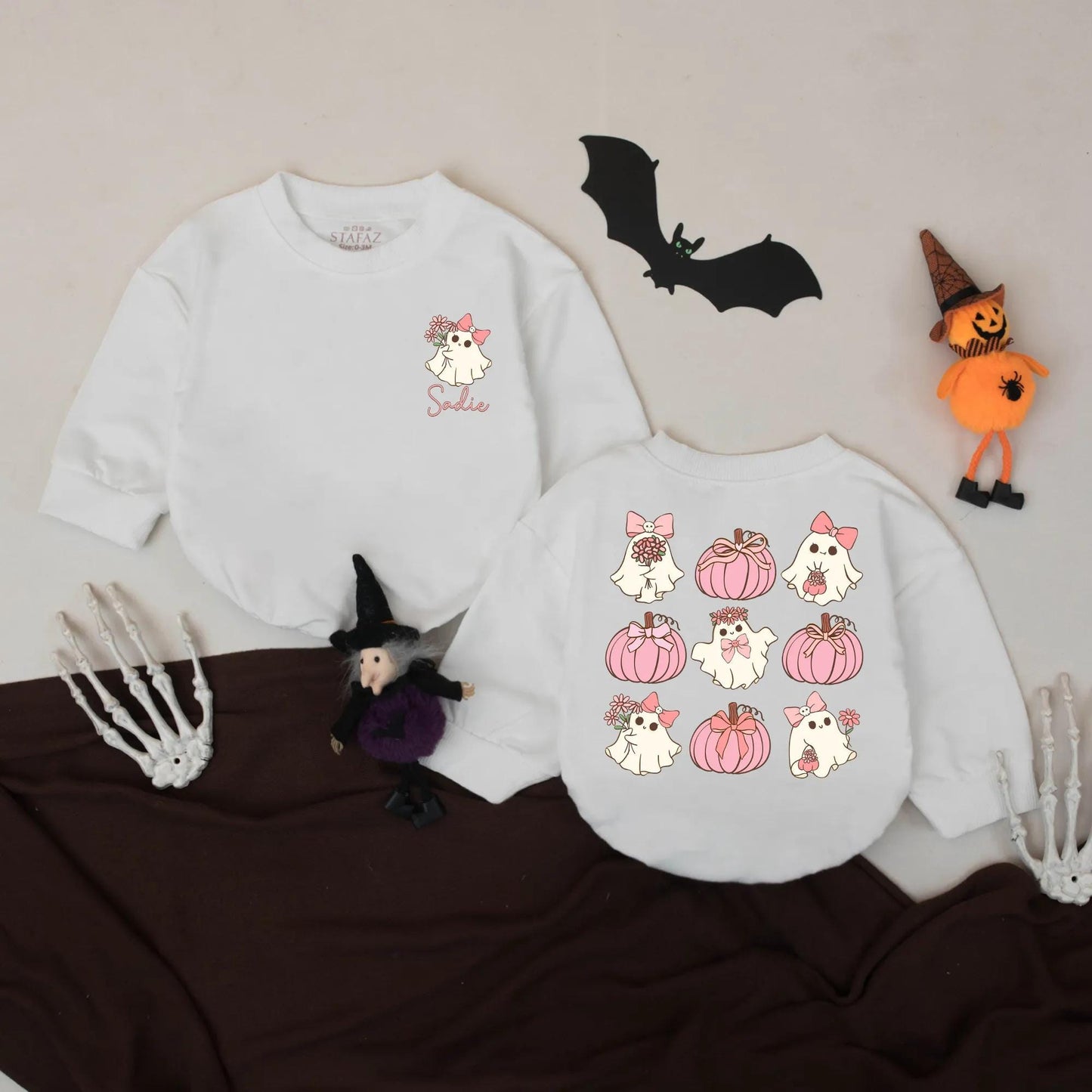 Pink Ghost & Pumpkin Romper: Personalized Halloween Outfit, Cute Girly Bodysuit with Bows, First Halloween Costume, Fall Baby Gift, Spooky Fun for Baby Girl (139)