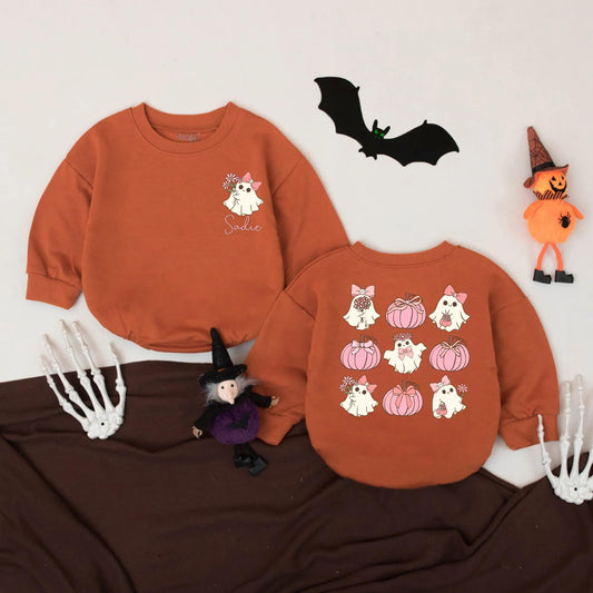 Pink Ghost & Pumpkin Romper: Personalized Halloween Outfit, Cute Girly Bodysuit with Bows, First Halloween Costume, Fall Baby Gift, Spooky Fun for Baby Girl (139)