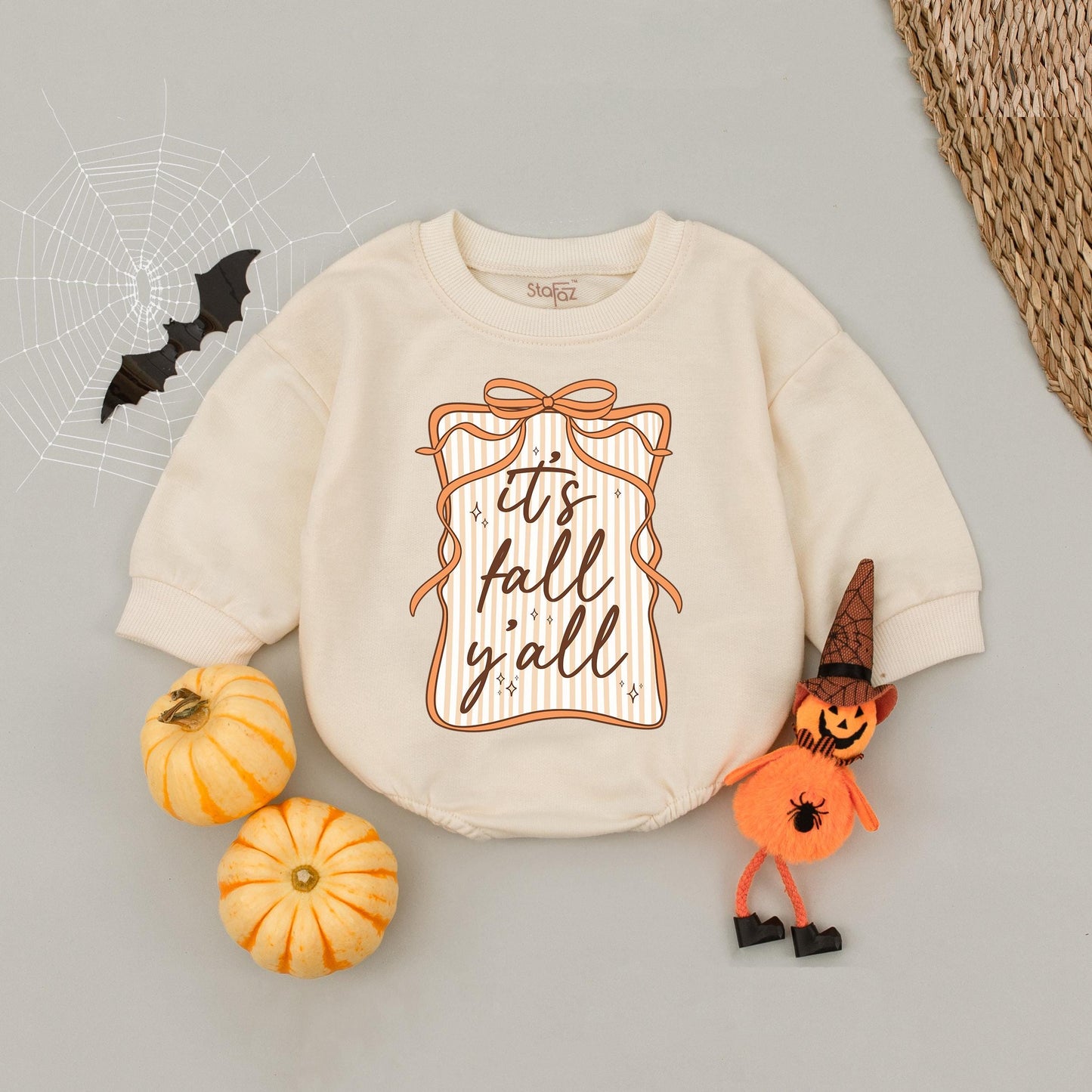It's Fall Y'all Bubble Romper Preppy Retro Seersucker Bow Baby Girl Whimsical Frame Girly Autumn Thanksgiving Outfit
