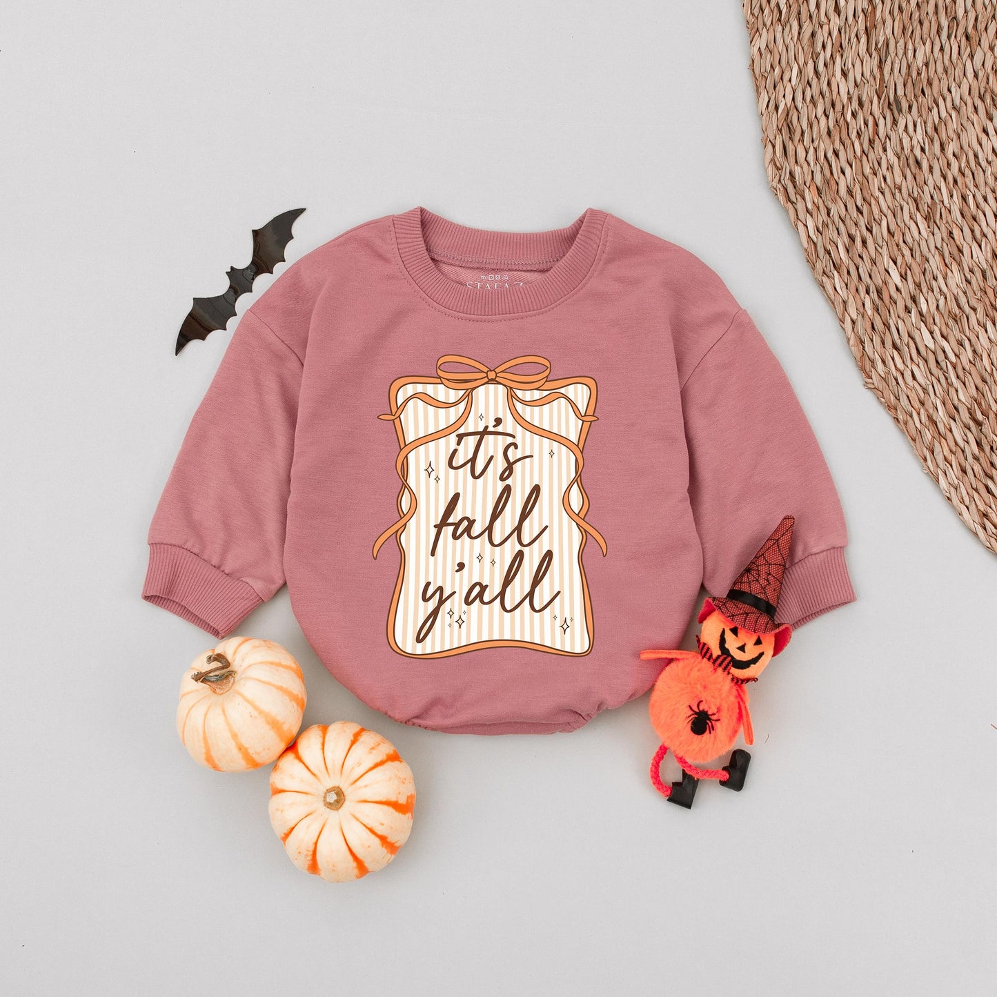 It's Fall Y'all Bubble Romper Preppy Retro Seersucker Bow Baby Girl Whimsical Frame Girly Autumn Thanksgiving Outfit