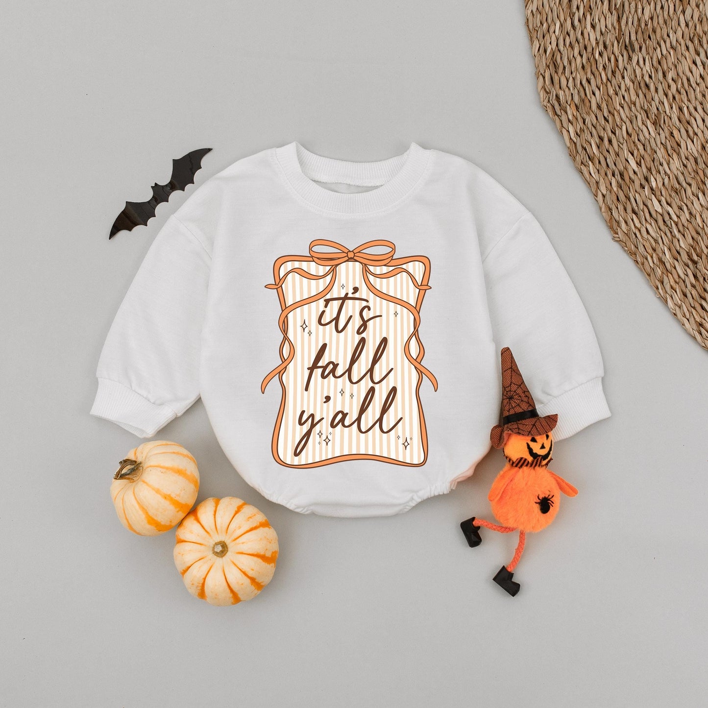 It's Fall Y'all Bubble Romper Preppy Retro Seersucker Bow Baby Girl Whimsical Frame Girly Autumn Thanksgiving Outfit