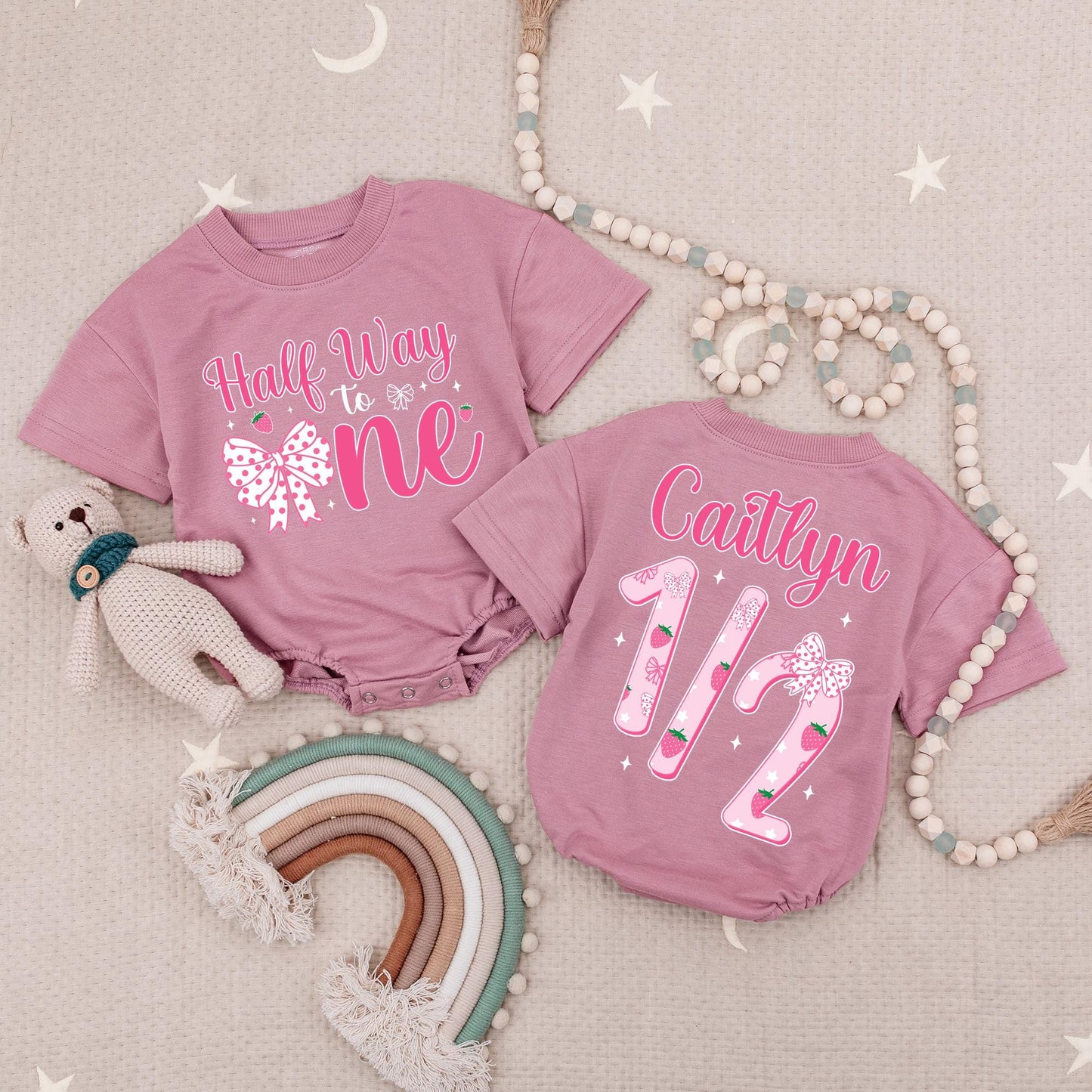 Half Way To One Personalized Romper, Pink Bow Birthday Outfit, 6 Month Old Girl Romper, Strawberry Celebration Outfit, Custom Name Romper (135 chars)