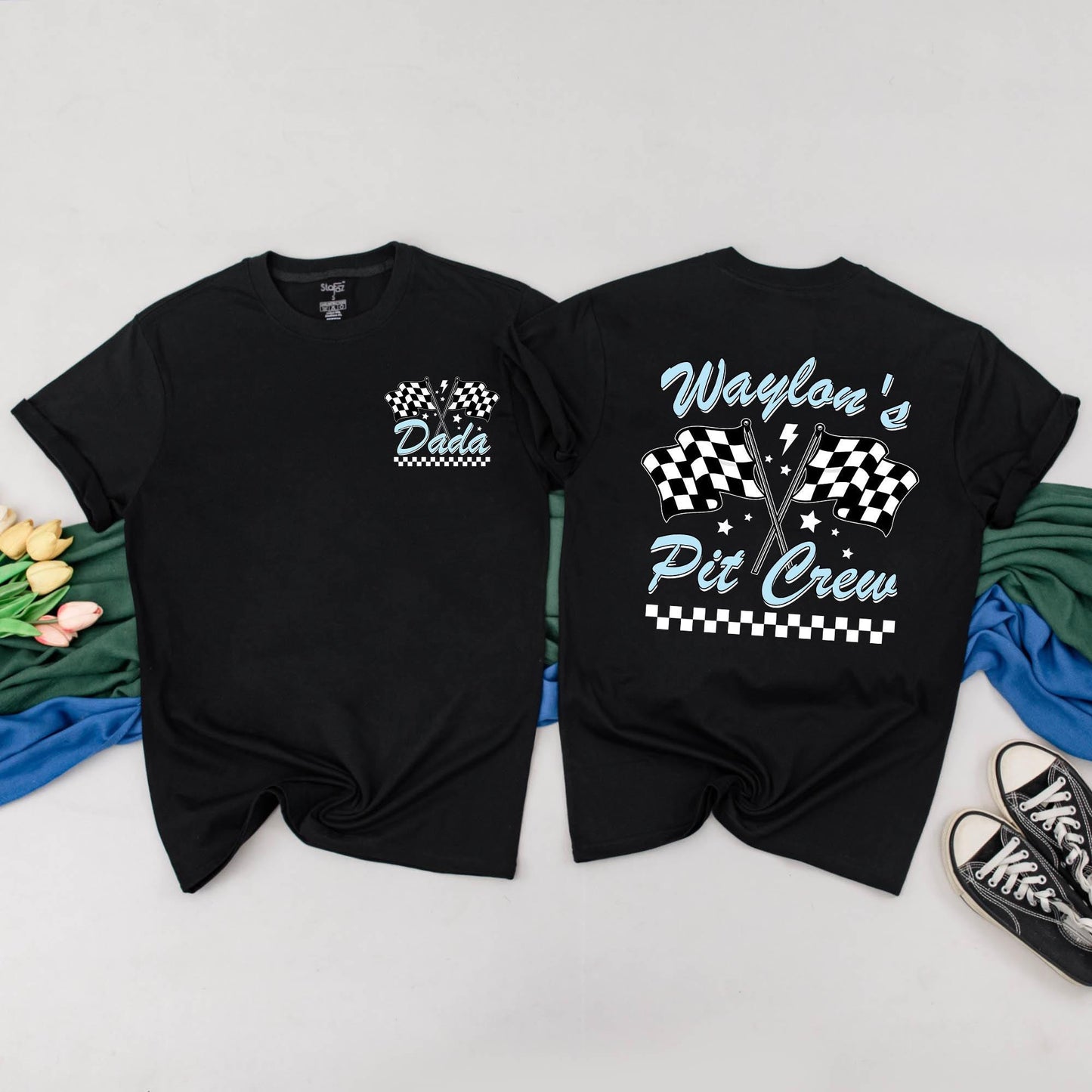 Custom "Waylon is Fast One" Racing Birthday Shirt Family Matching Pit Crew Outfits Light Blue Lightning Bolt Flags