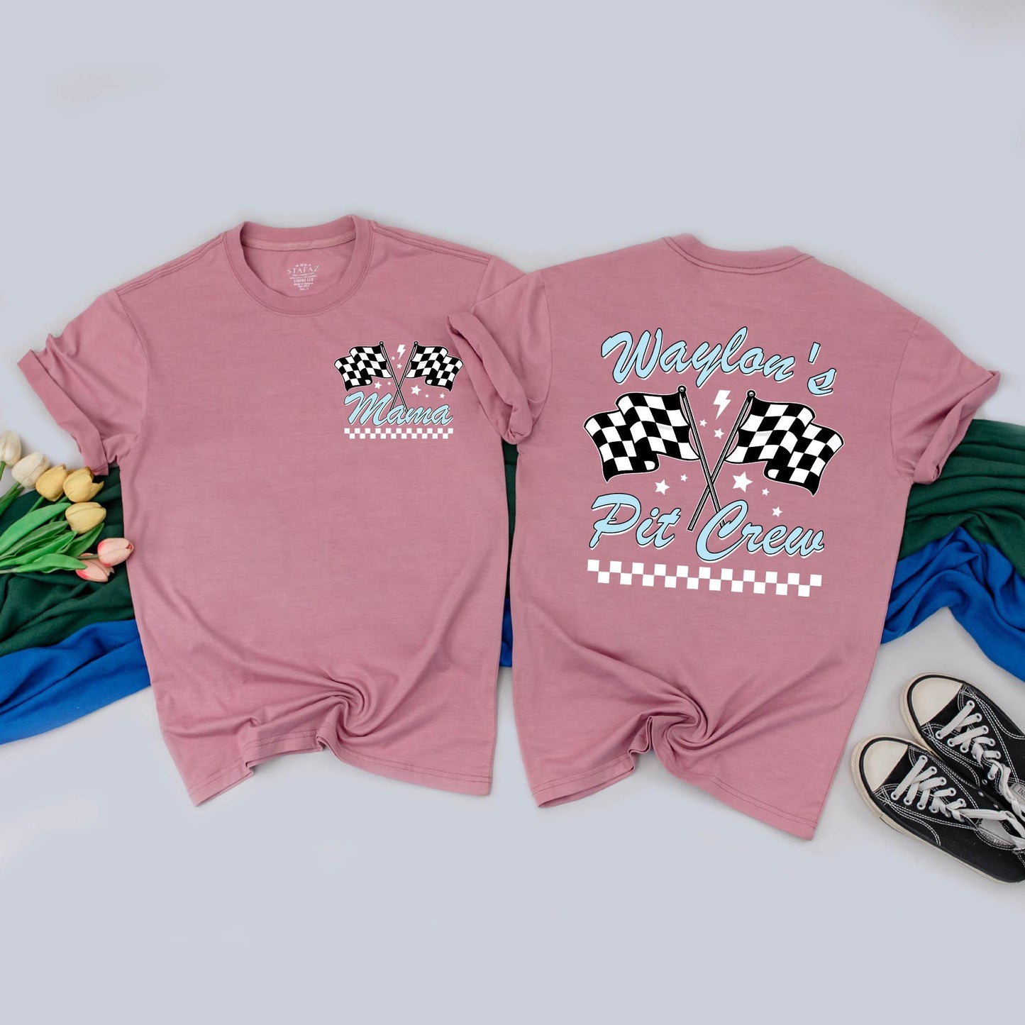 Custom "Waylon is Fast One" Racing Birthday Shirt Family Matching Pit Crew Outfits Light Blue Lightning Bolt Flags