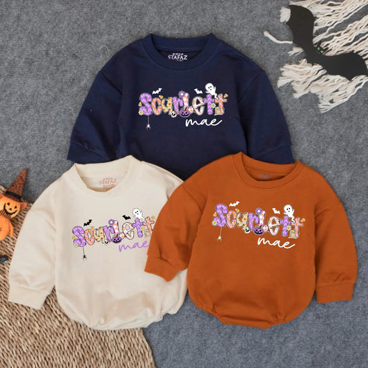 Scarlett Mae Halloween Romper - Spooky Girl Baby Outfit with Custom Name Design - Boo Bubble Suit for Toddlers