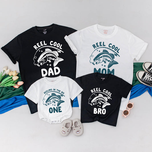 Reel Cool Fishing Birthday Family Shirts: Custom Dad, Mom & Baby First Birthday Outfit, Teal Fish Hook, Personalized Matching Gift, Reeling in the Big One