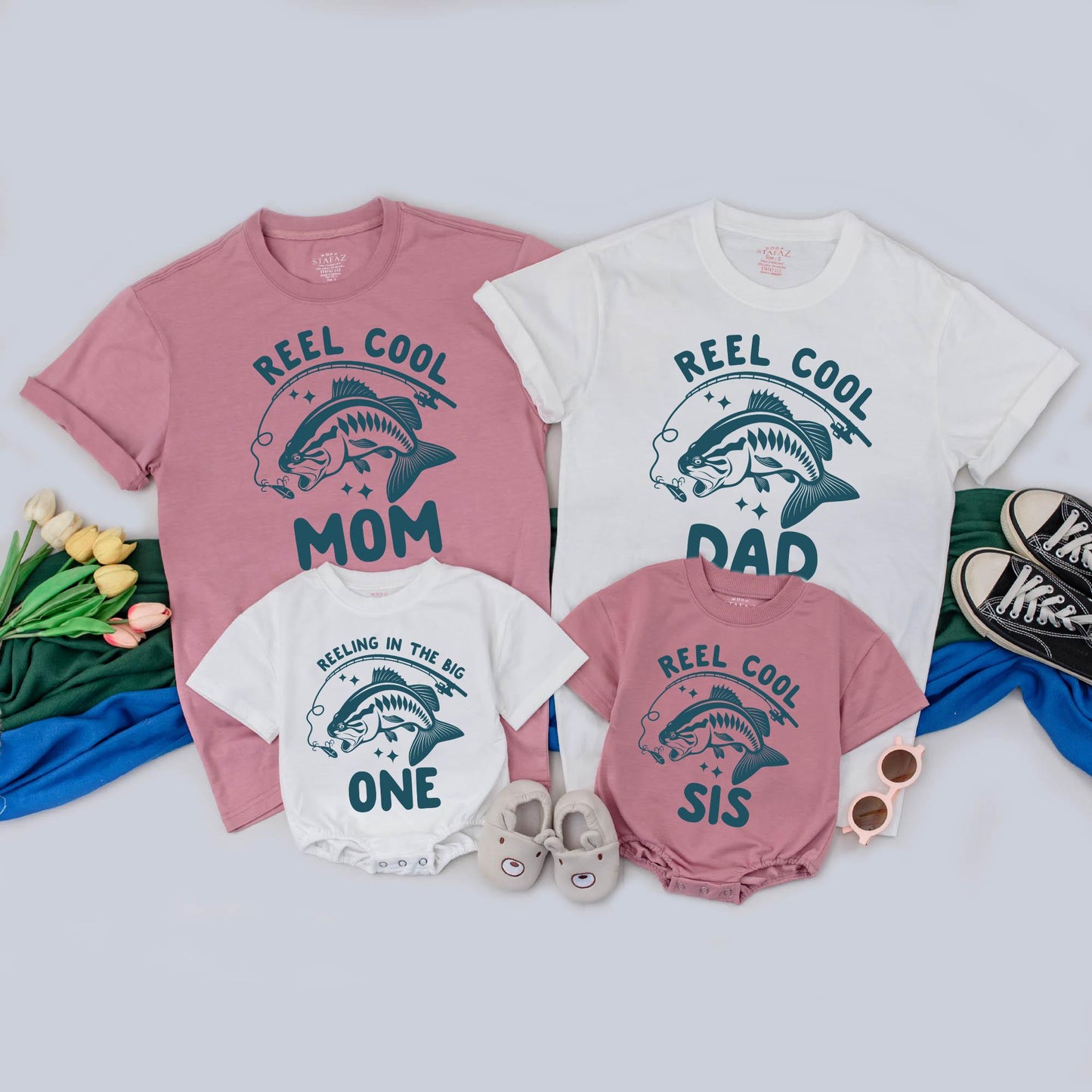 Reel Cool Fishing Birthday Family Shirts: Custom Dad, Mom & Baby First Birthday Outfit, Teal Fish Hook, Personalized Matching Gift, Reeling in the Big One