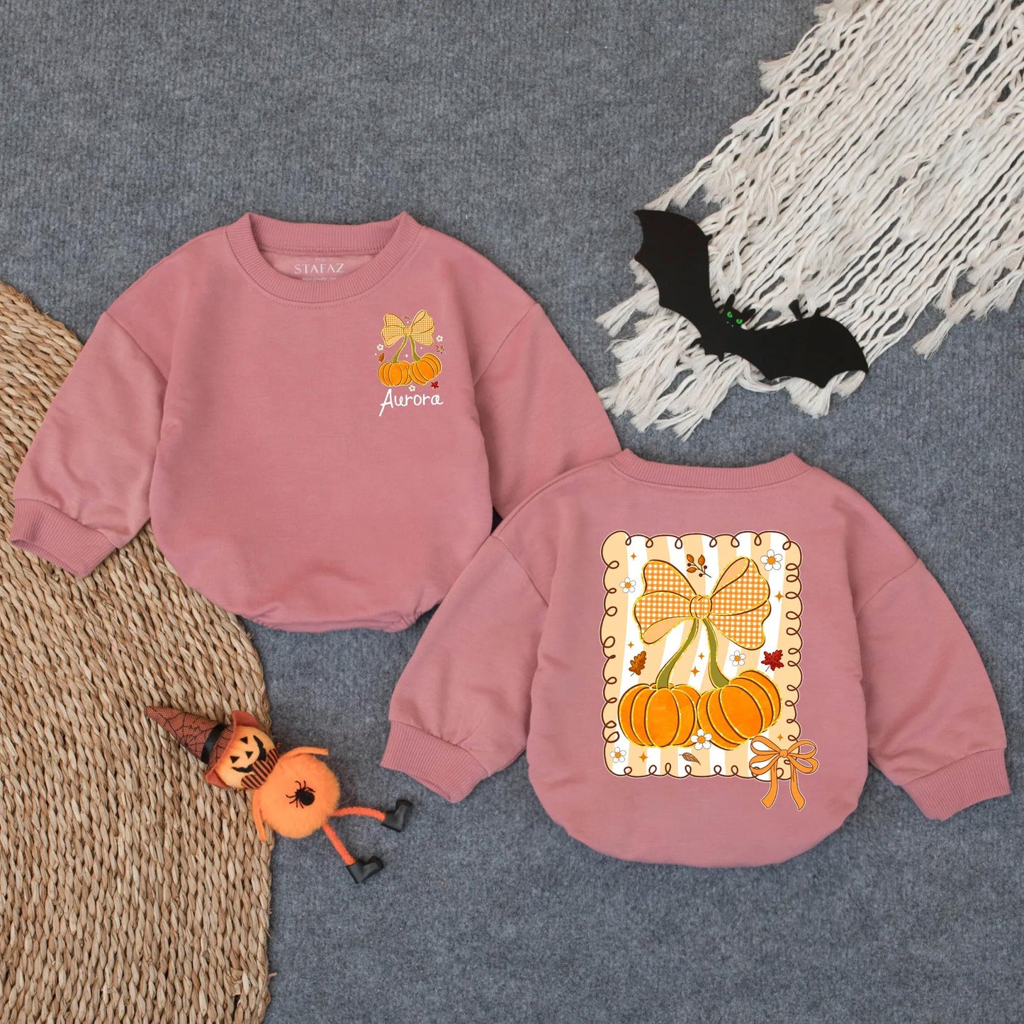 Sparkly Pumpkin Baby Bubble Romper with Bow Fall Leaves Custom Name Outfit Girl Infant Autumn Baby Shower Gift