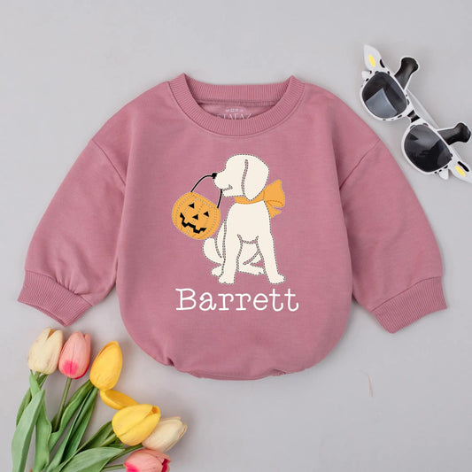 Personalized Halloween Dog Bubble Romper with Name Pumpkin Trick or Treat Baby Fall Outfit for Boys Girls Infant Clothes Gift