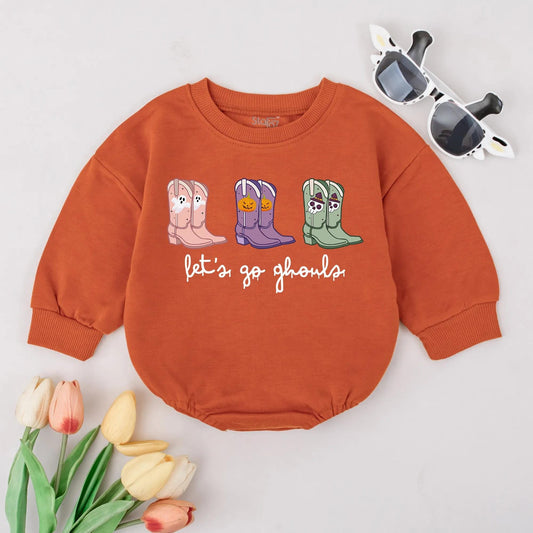 Let's Go Ghouls Baby Bubble Romper Halloween Western Cowgirl Outfit Spooky Cute Fall Retro Baby Clothes Toddler
