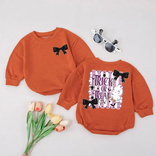 Cute Trick or Treat Baby Bubble Romper Pastel Goth Halloween Girl Outfit with Black Bow Spooky Baby Clothes for Fall Infant Costume