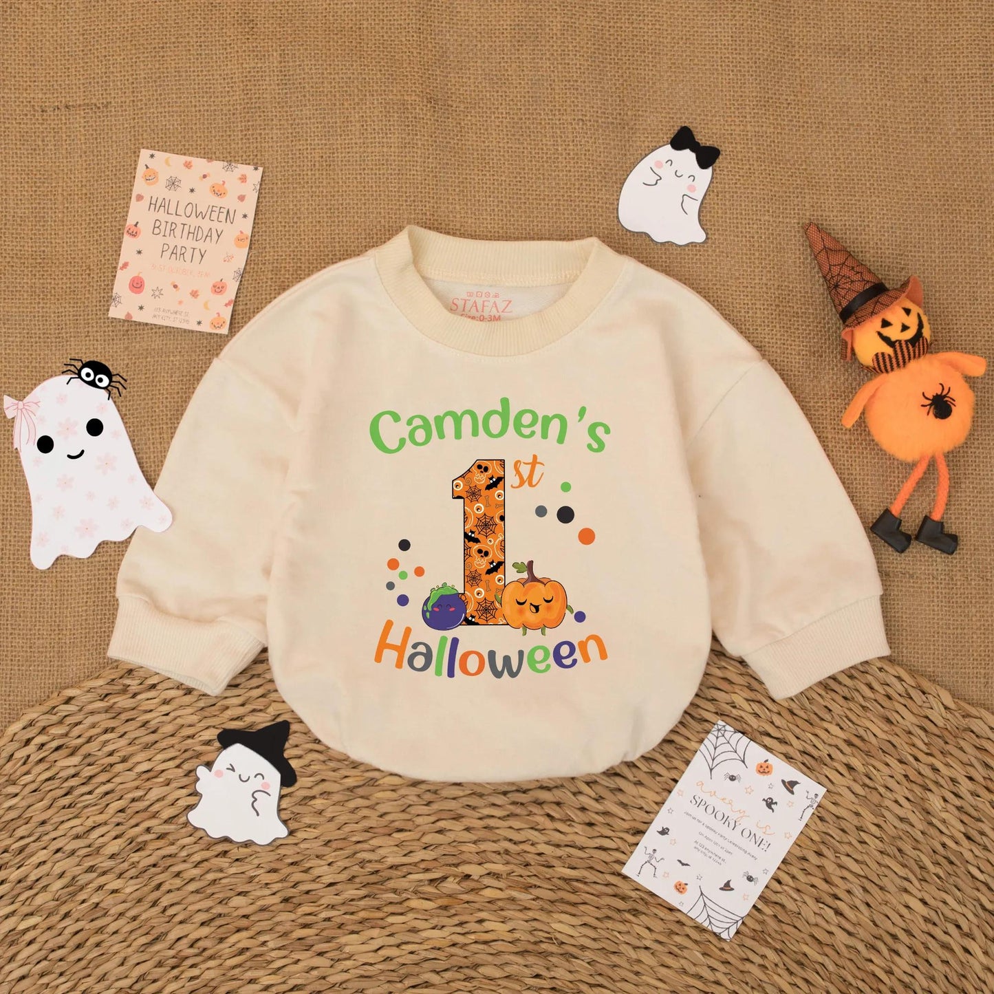 Personalized Baby's First Halloween Romper Custom Name Pumpkin Ghost Retro Baby Bodysuit Spooky Season Outfit