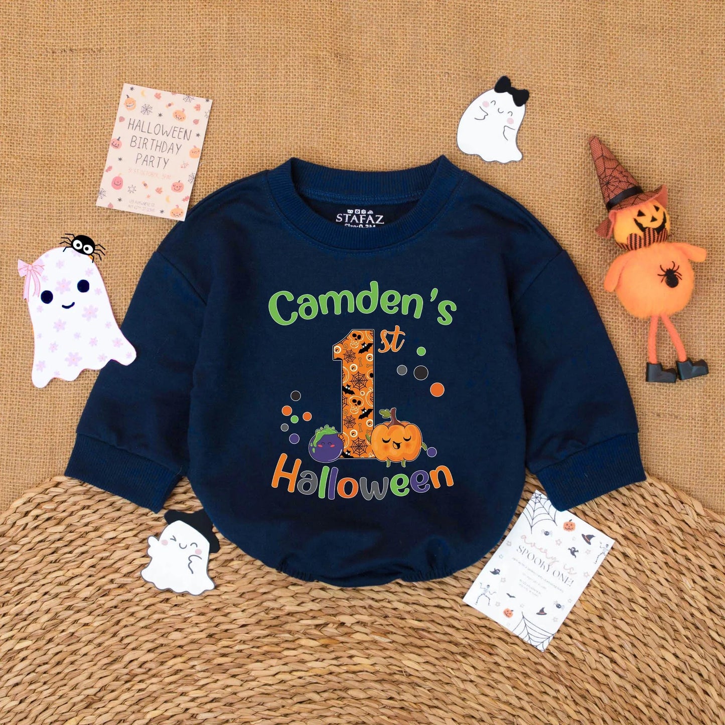 Personalized Baby's First Halloween Romper Custom Name Pumpkin Ghost Retro Baby Bodysuit Spooky Season Outfit