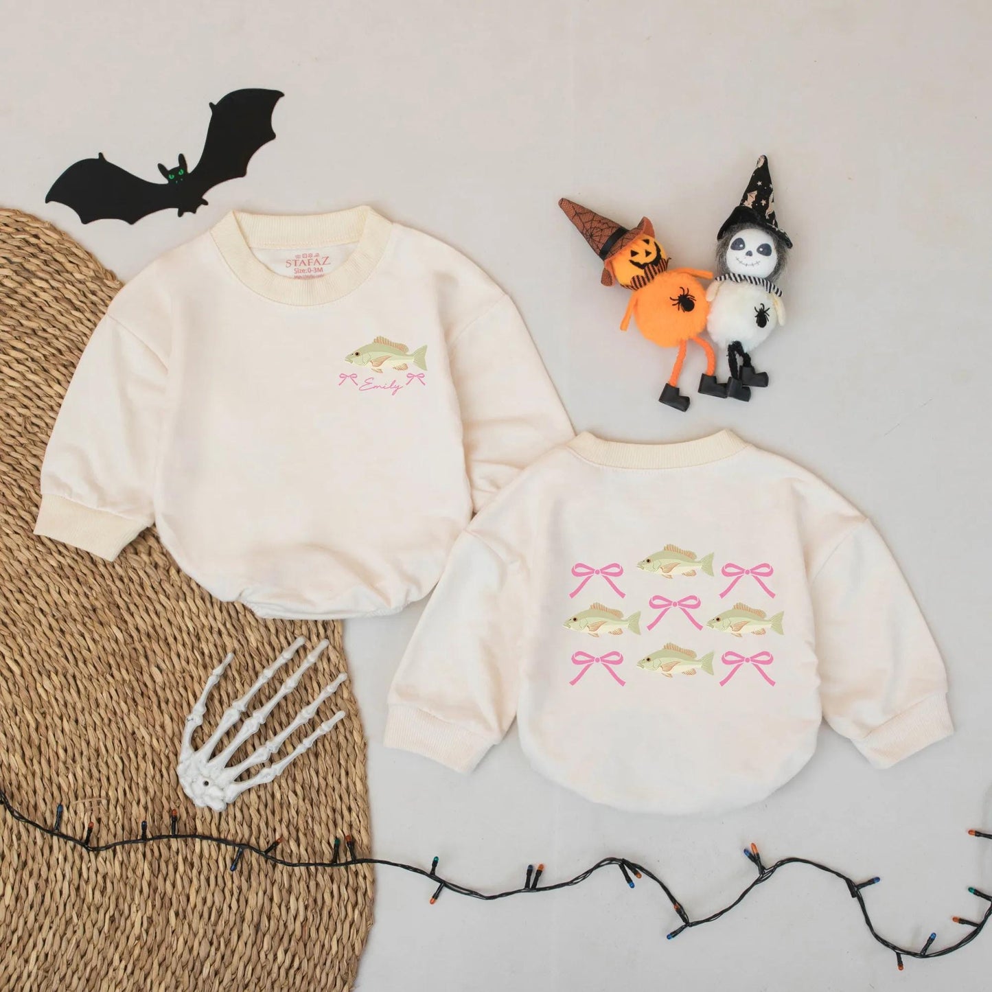 Fishing Bow Baby Girl Romper Custom Name Green Tan Brown Fish Pink Bow Catch of the Day Summer Outfit