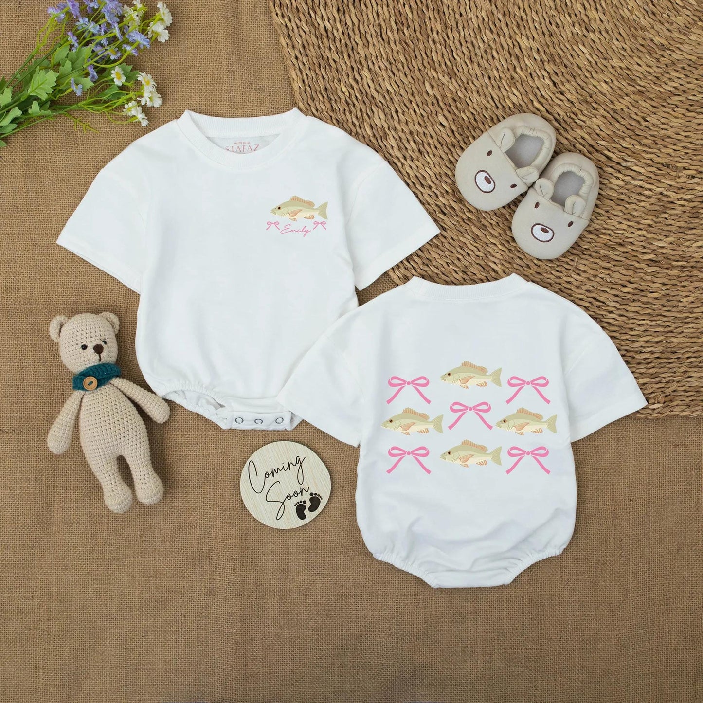 Fishing Bow Baby Girl Romper Custom Name Green Tan Brown Fish Pink Bow Catch of the Day Summer Outfit