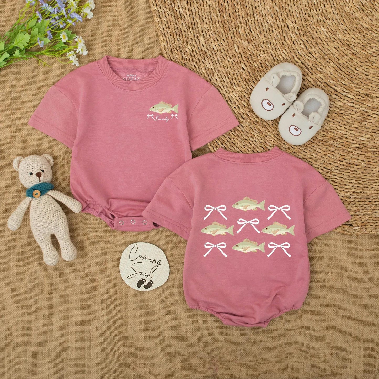 Fishing Bow Baby Girl Romper Custom Name Green Tan Brown Fish Pink Bow Catch of the Day Summer Outfit