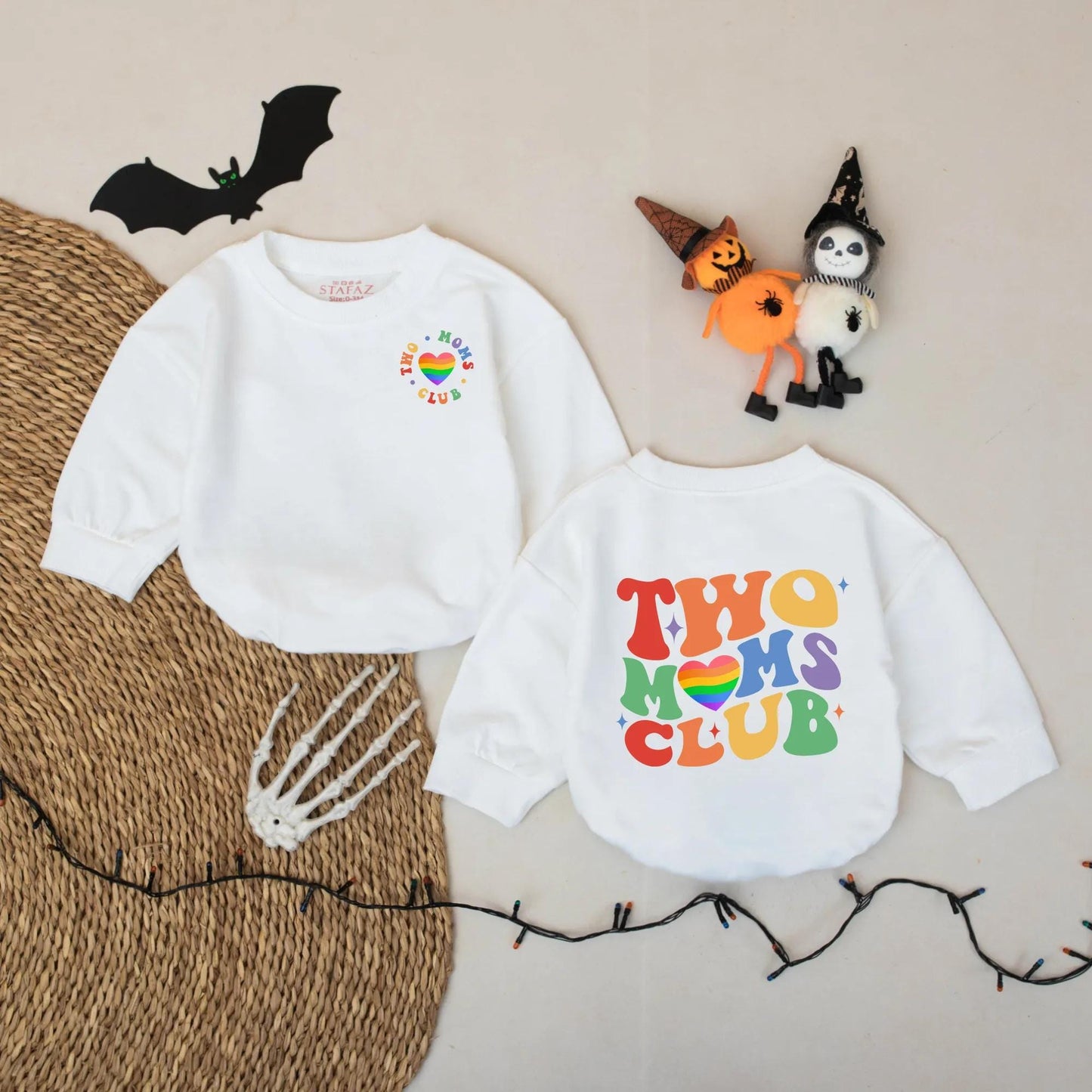Two Moms Club Baby Romper Rainbow Heart Outfit LGBTQ Pride Bodysuit Groovy Font Design Colorful LGBT Baby Gift Soft Cotton Clothes Queer Family Outfit