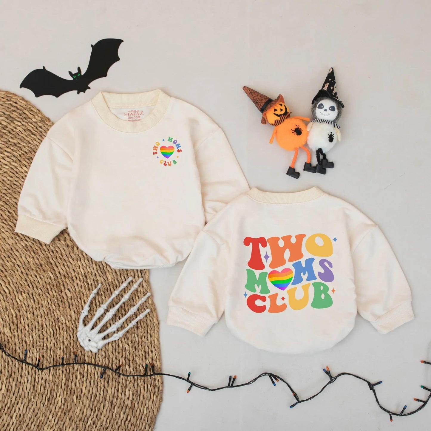 Two Moms Club Baby Romper Rainbow Heart Outfit LGBTQ Pride Bodysuit Groovy Font Design Colorful LGBT Baby Gift Soft Cotton Clothes Queer Family Outfit