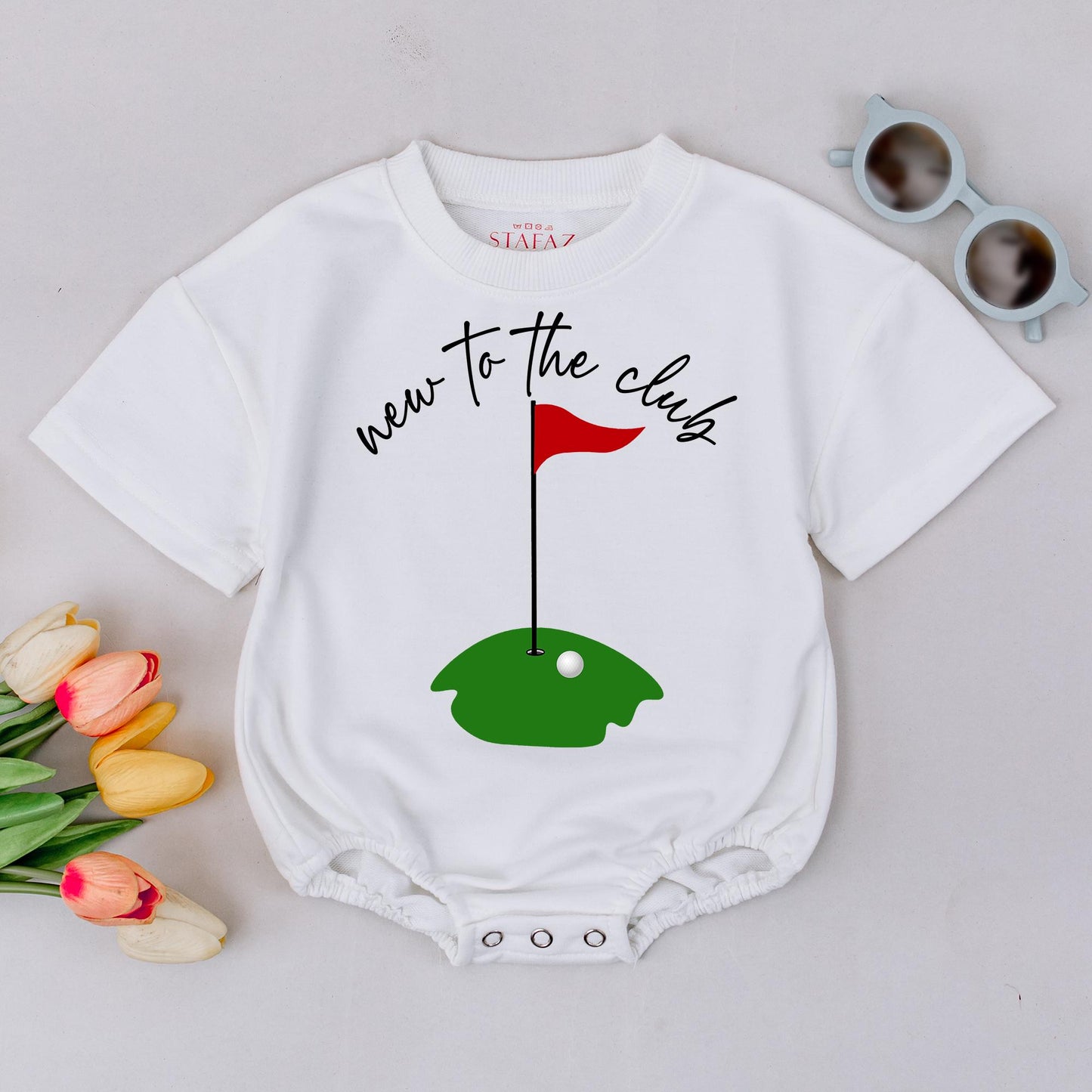 New to the Club Golf Baby Romper Cute First Birthday Outfit Toddler Boy Green Course Ball Flag Design