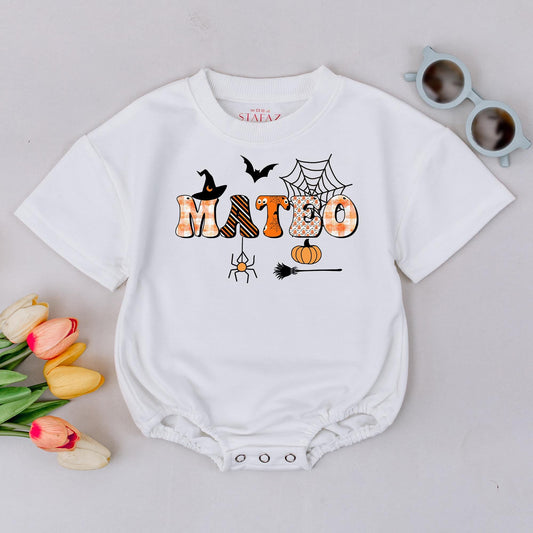 Personalized MATBO Halloween Baby Romper: Whimsical First Halloween Outfit for Baby, Custom Name Spooky Season Gift, Witch, Bat, and Pumpkin Design