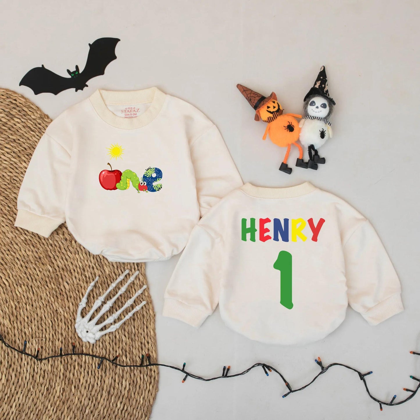 Personalized First Birthday Romper ONE Apple Caterpillar Outfit Custom Name Baby Boy Bodysuit Sun Graphic Playful Party Clothes Cute Toddler Gift