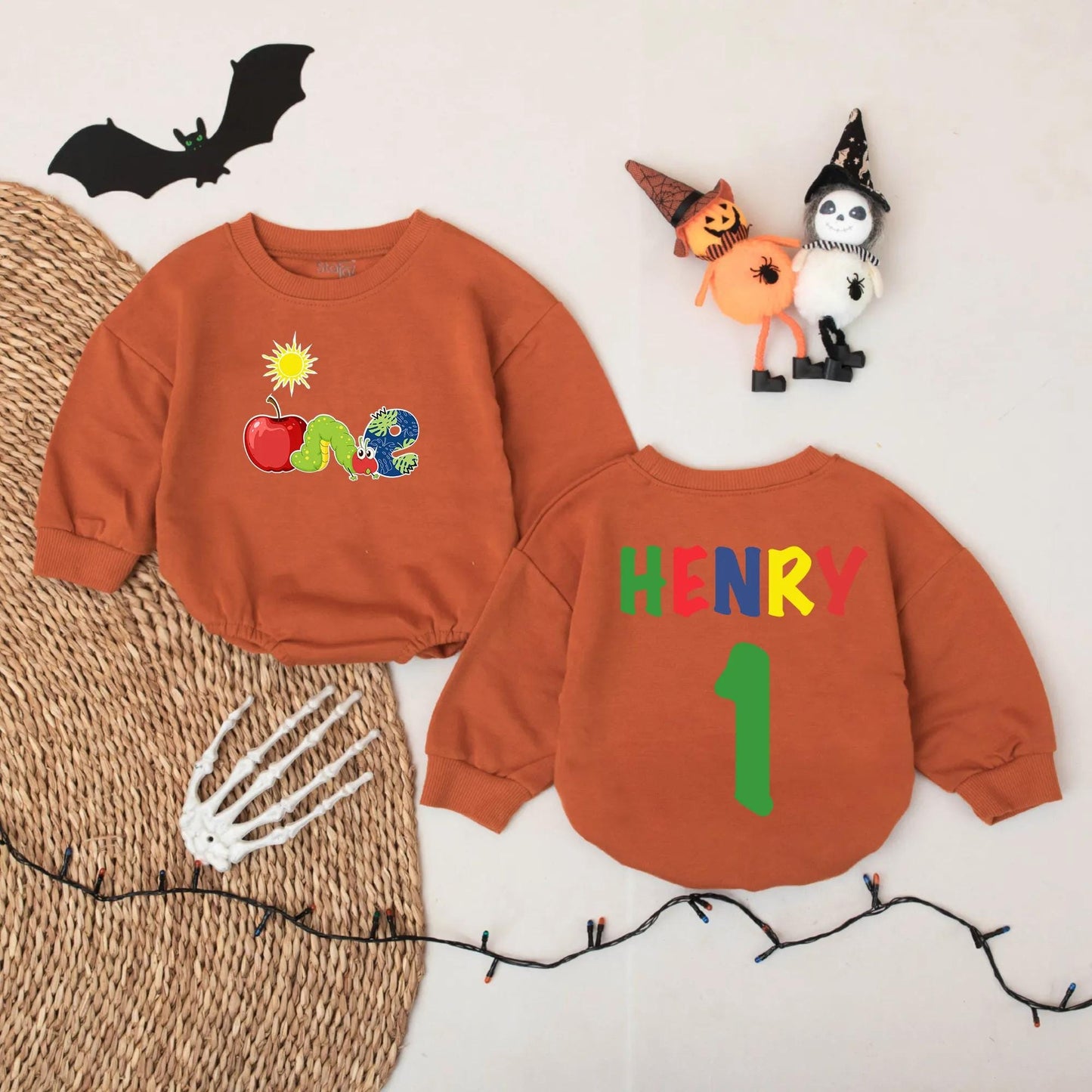 Personalized First Birthday Romper ONE Apple Caterpillar Outfit Custom Name Baby Boy Bodysuit Sun Graphic Playful Party Clothes Cute Toddler Gift
