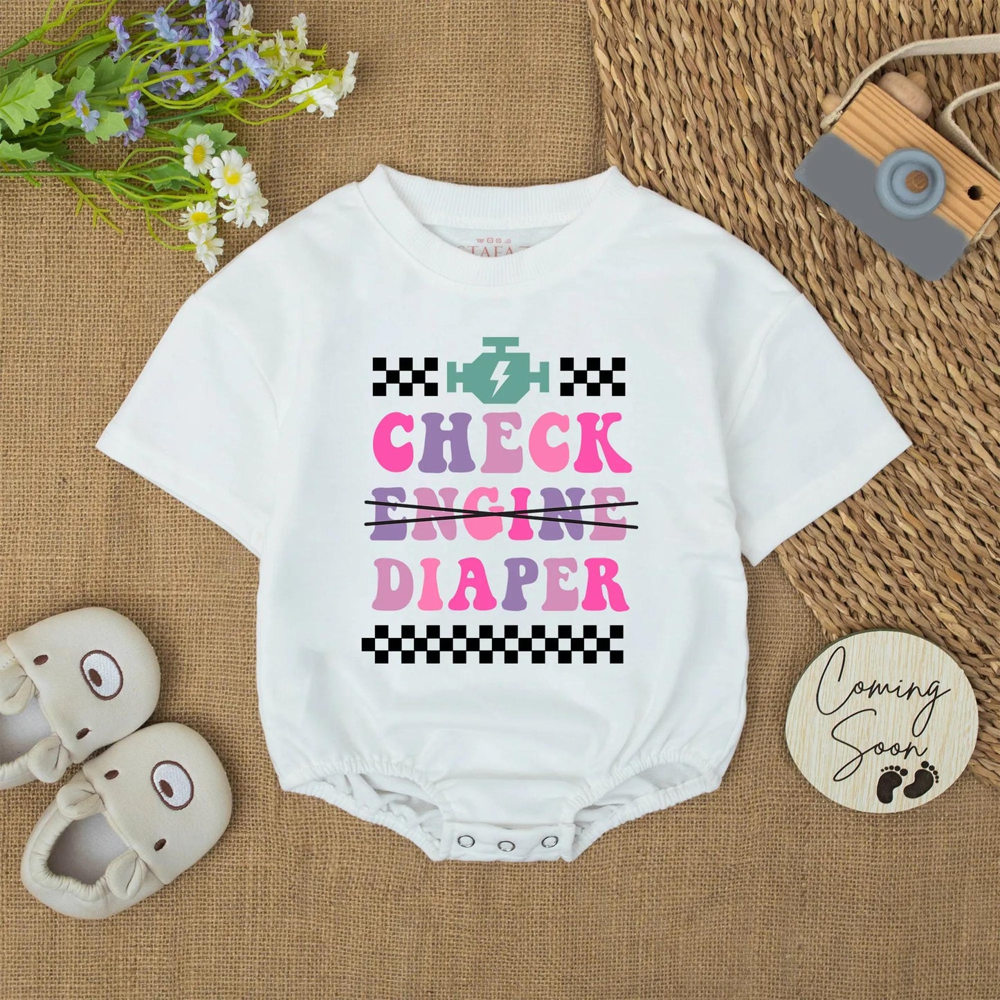 Check Diaper Baby Bodysuit: Funny Mechanic Creeper for Car Lovers, Racing Baby Romper, Engine Lightning Bolt Outfit, Cute Shower Gift, 139 chars