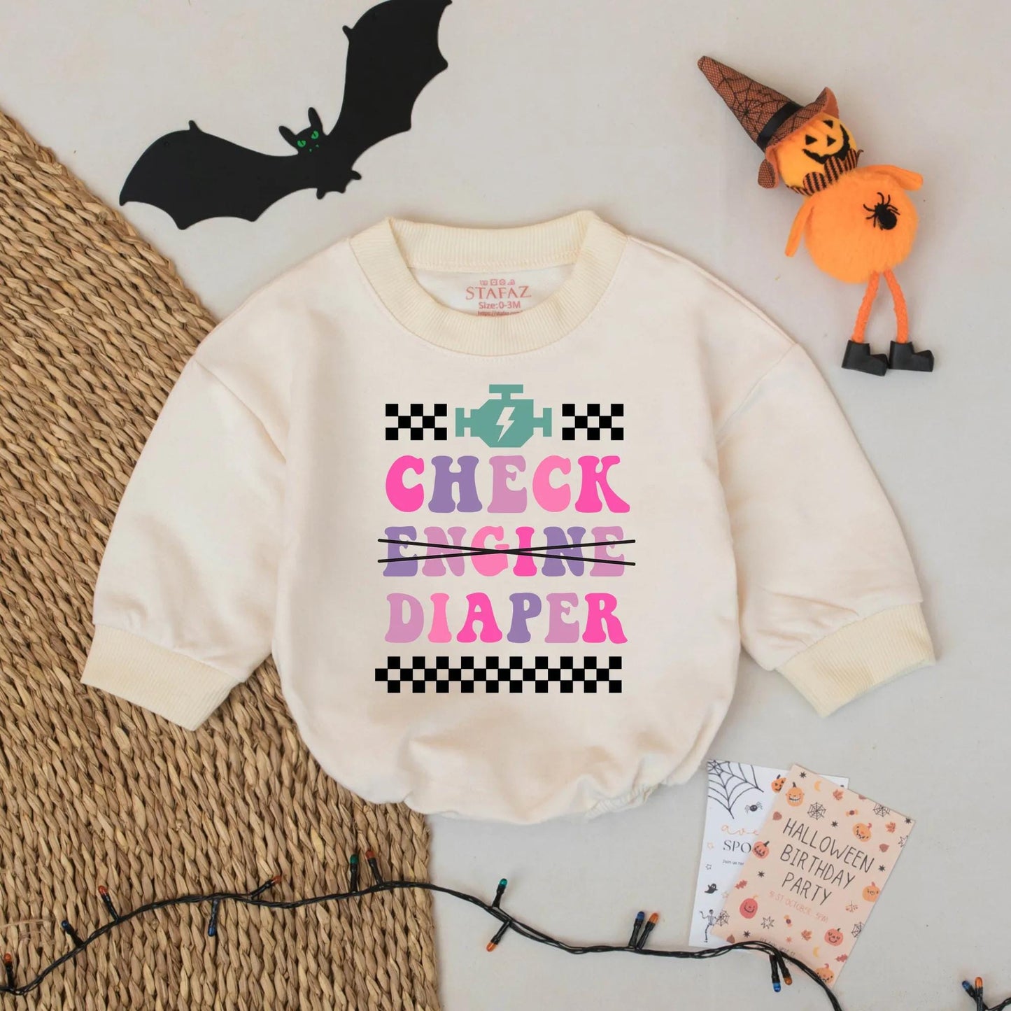Check Diaper Baby Bodysuit: Funny Mechanic Creeper for Car Lovers, Racing Baby Romper, Engine Lightning Bolt Outfit, Cute Shower Gift, 139 chars