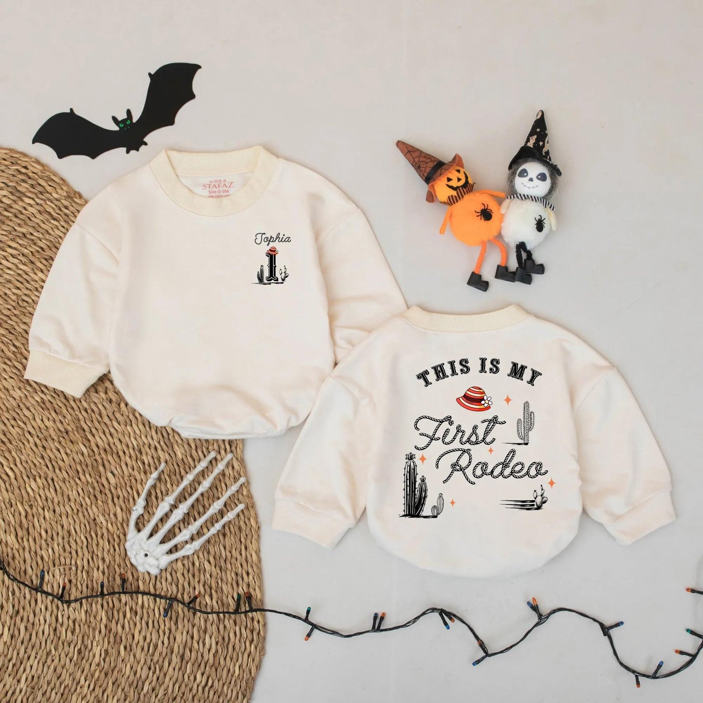 Personalized First Rodeo Baby Romper Western Theme Cowboy 1st Birthday Outfit with Custom Name Number One Cacti Hat Design