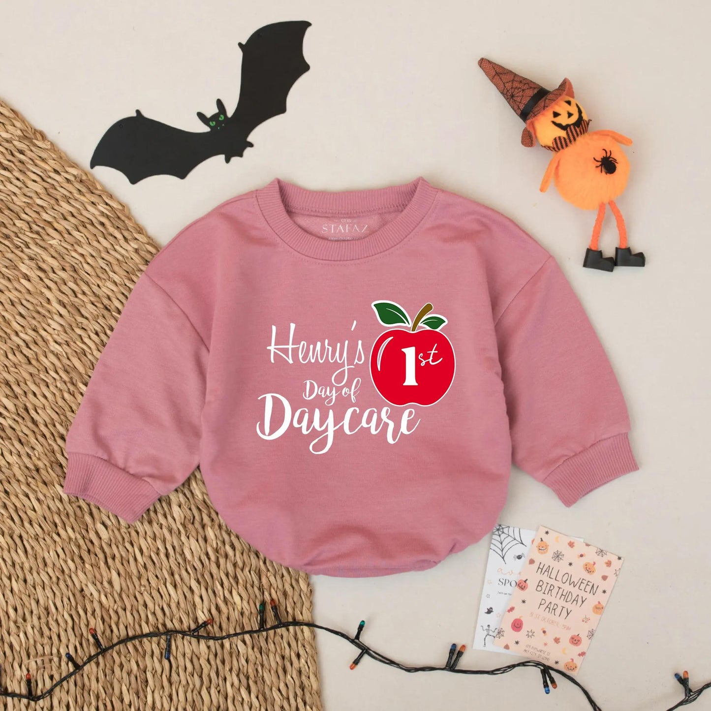 Custom Henry's Day of Daycare Apple 1st Birthday Outfit Baby Boy Romper Personalized Preschool Gift Back to School Onesie Fall