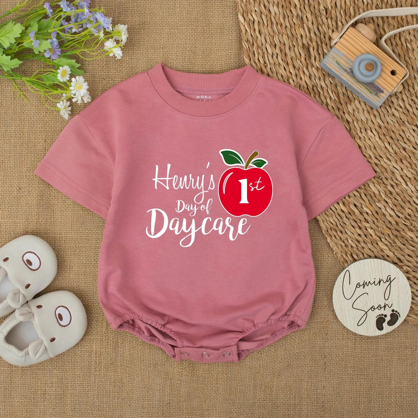 Custom Henry's Day of Daycare Apple 1st Birthday Outfit Baby Boy Romper Personalized Preschool Gift Back to School Onesie Fall
