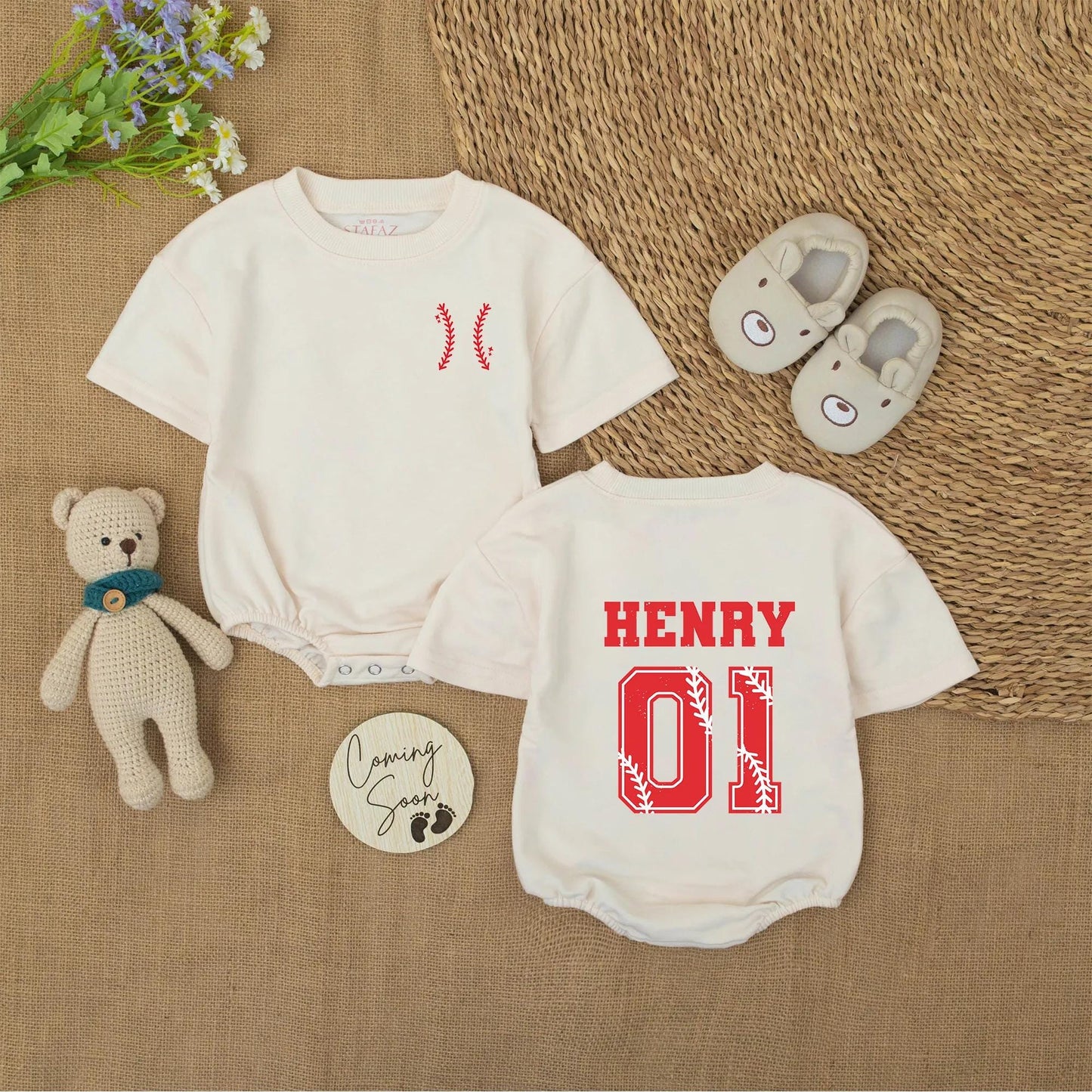 Personalized Baseball Baby Romper, Custom Name & Number Onesie, Sporty 1st Birthday Outfit, Red Stitch Jersey Bodysuit, Classic Americana Gift 133