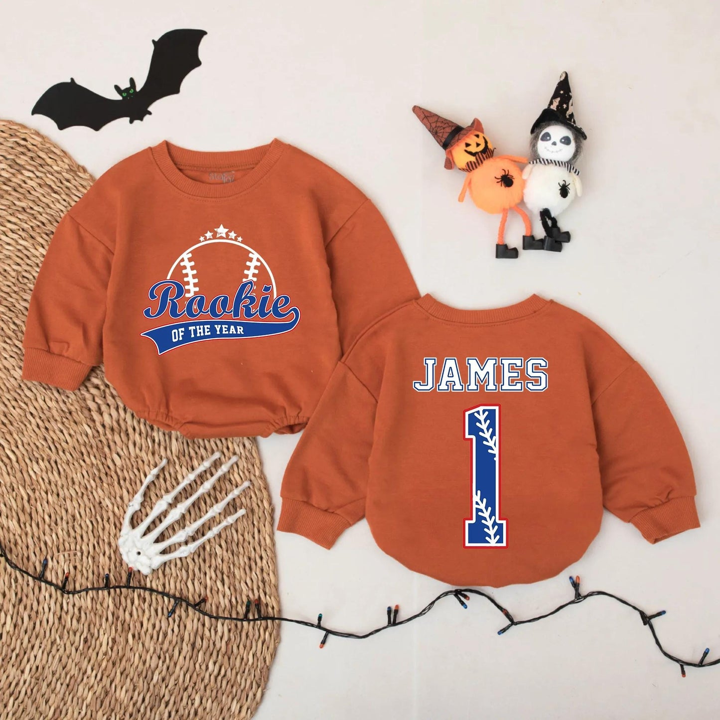 Rookie Of The Year Baseball Romper Custom Name James Number 1 Blue Red Outline Infant Outfit Baby Shower Gift