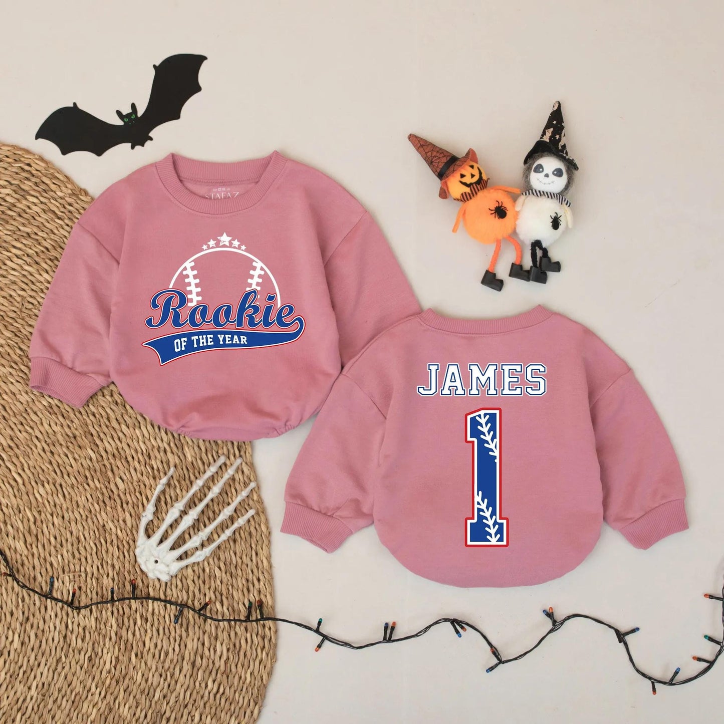 Rookie Of The Year Baseball Romper Custom Name James Number 1 Blue Red Outline Infant Outfit Baby Shower Gift