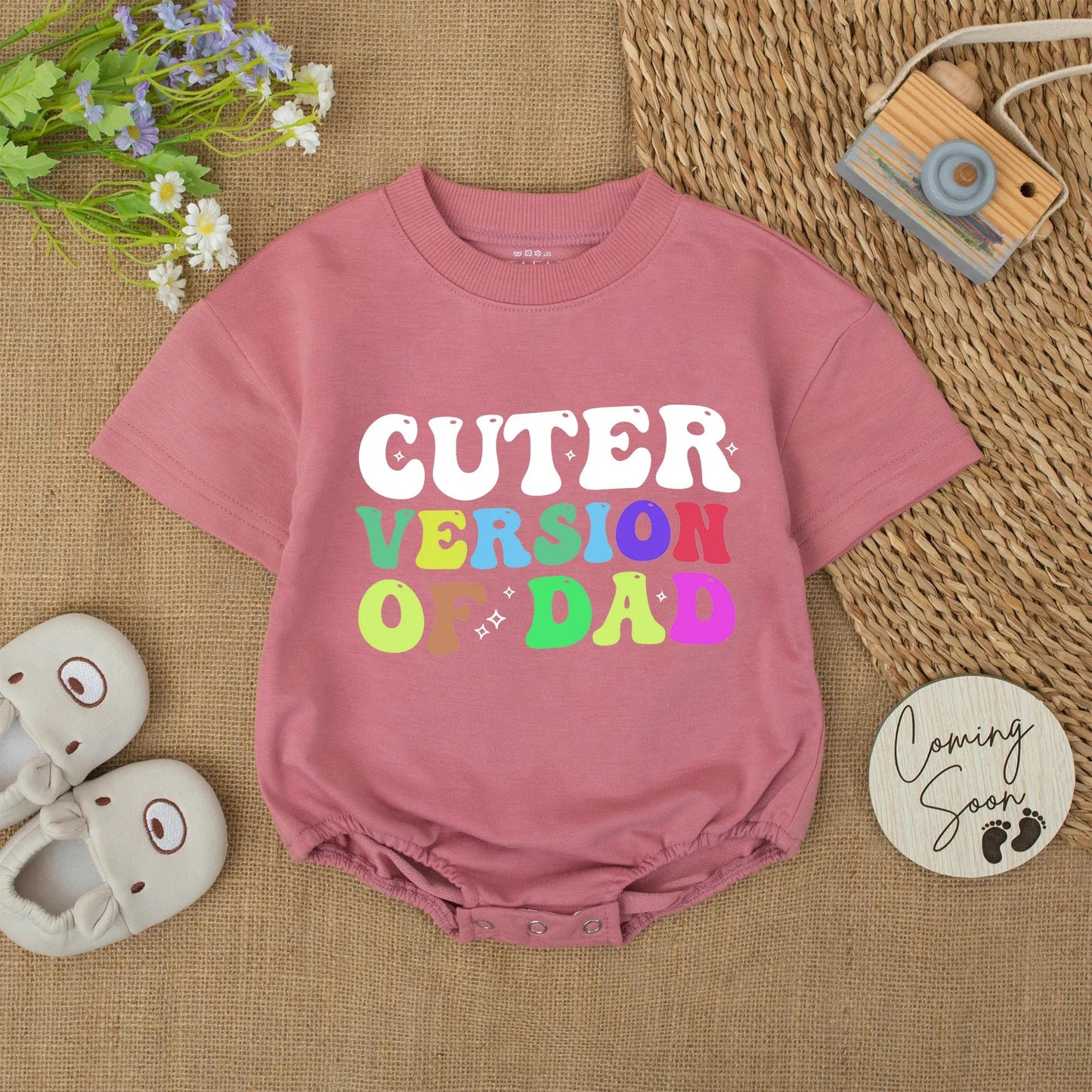 Cuter Version of Dad Baby Romper - Retro Colorful Infant Bodysuit, Funny Newborn Outfit, Daddy's Mini Me Gift, Star Design, Unique Baby Shower Gift - 139 chars