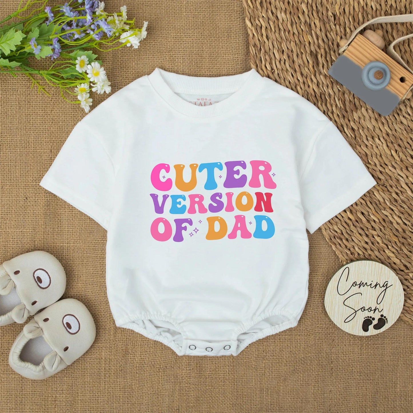 Cuter Version of Dad Baby Romper - Retro Colorful Infant Bodysuit, Funny Newborn Outfit, Daddy's Mini Me Gift, Star Design, Unique Baby Shower Gift - 139 chars