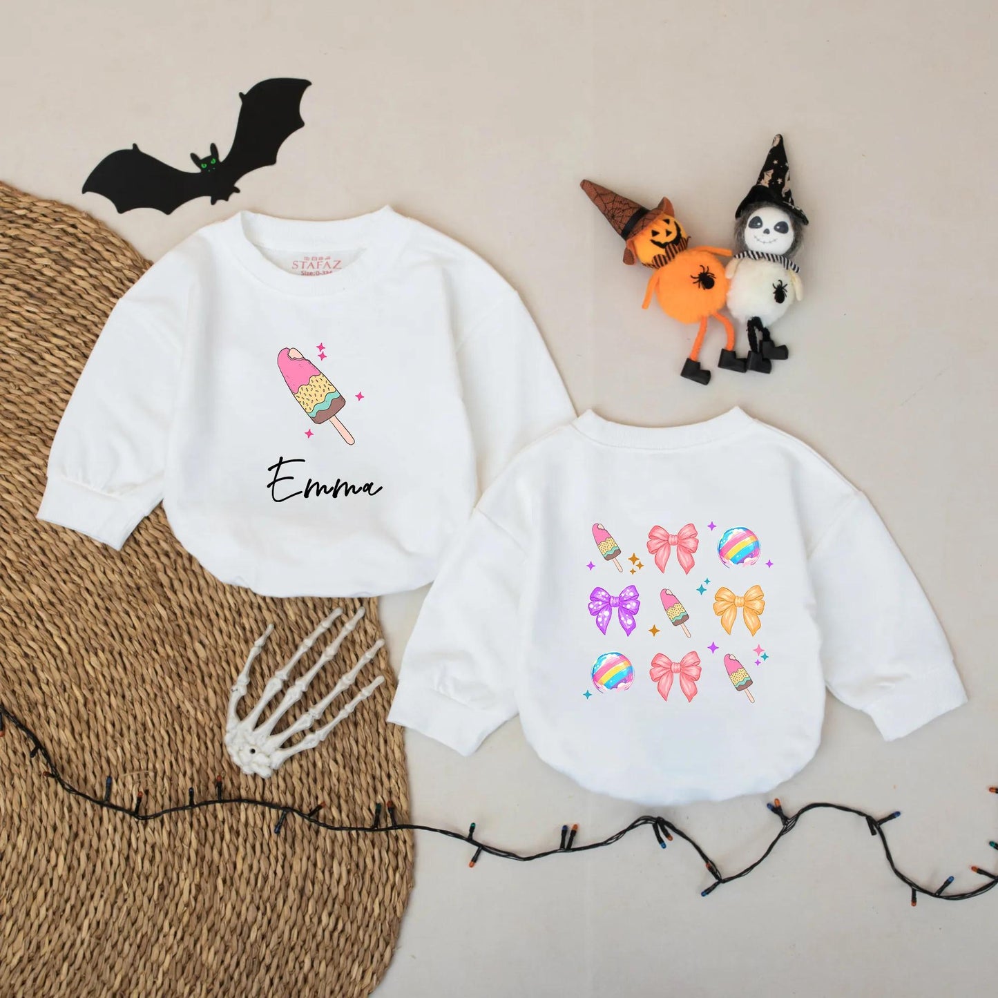 Emma's Sweet Treat Romper: Custom Name Ice Cream Popsicles & Bows Baby Girl Onesie, Cute Pastel Colors Summer Outfit, Personalized Infant Bodysuit Gift