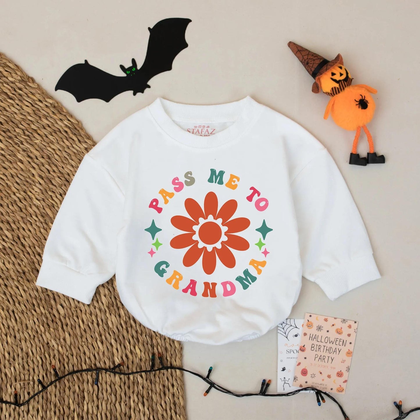Retro Pass Me to Grandma Baby Romper Cute Floral Outfit with Pink Orange Green Blue Colors Infant Bodysuit for Grandma Gift Baby Shower